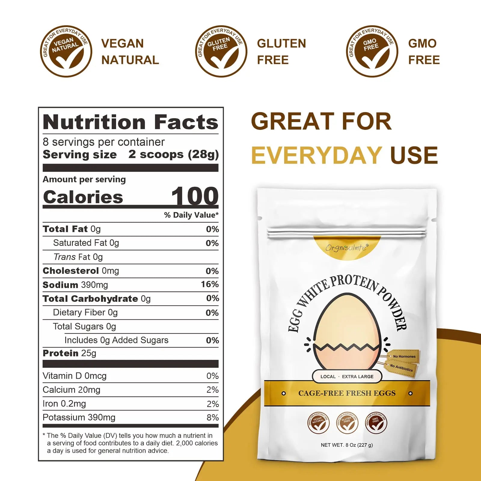 Orgnisulmte Egg White Protein Powder 8 Oz, Pasteurized Dried Egg Whites Protein, Gluten-Free, Non-GMO, Unflavored, Free Range High Whip for Baking, Desserts 227g orgnisulmte uk supplements