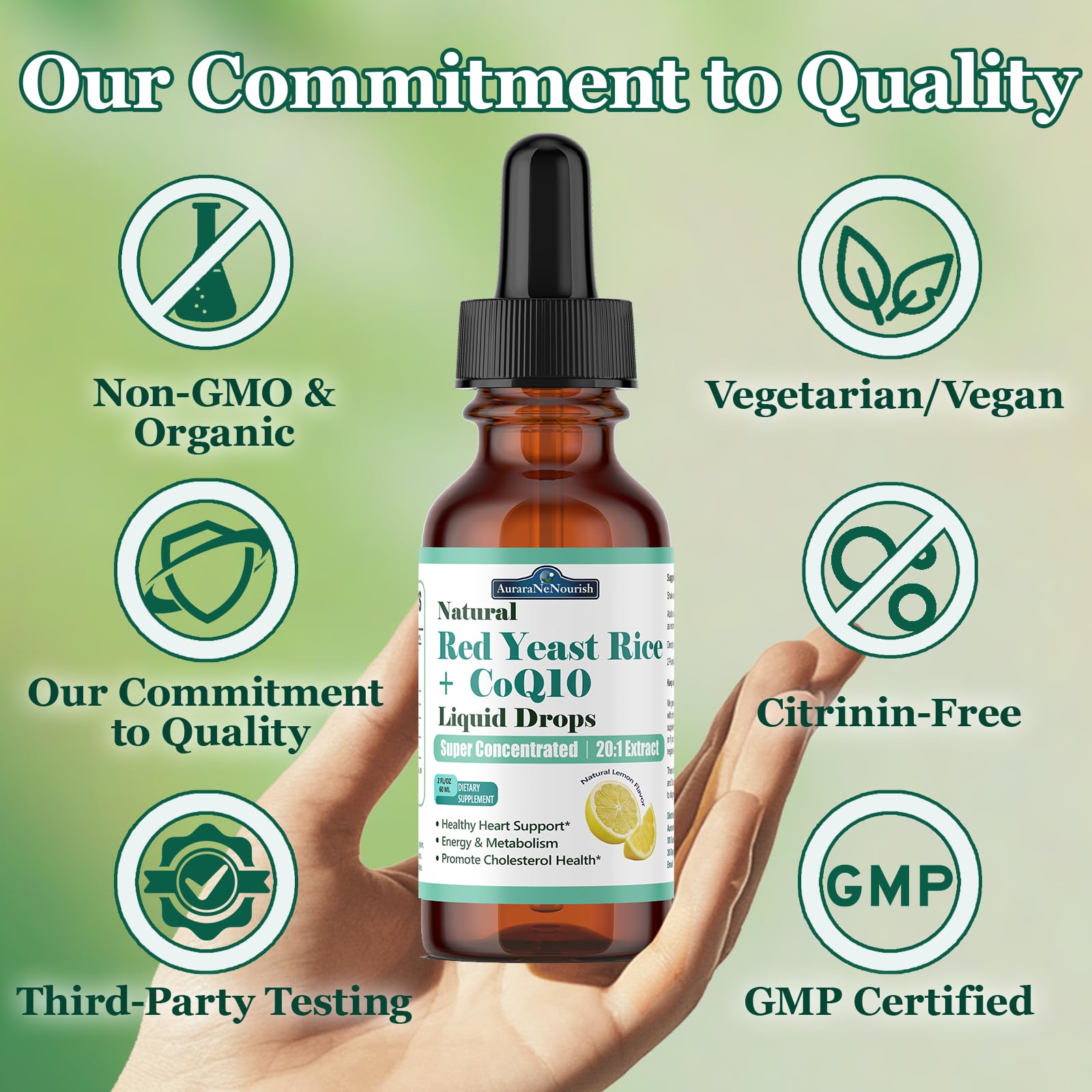 Liposomal Red Yeast Rice with Coq10 Liquid Drops, 5-in-1 Extra Strength 1200mg Cholesterol & Heart Support w. Citrus Bergamot Alpha Lipoic Acid | Cholesterol Lowering Supplement | GMO & Citrinin Free AuraraNeNourish uk supplements