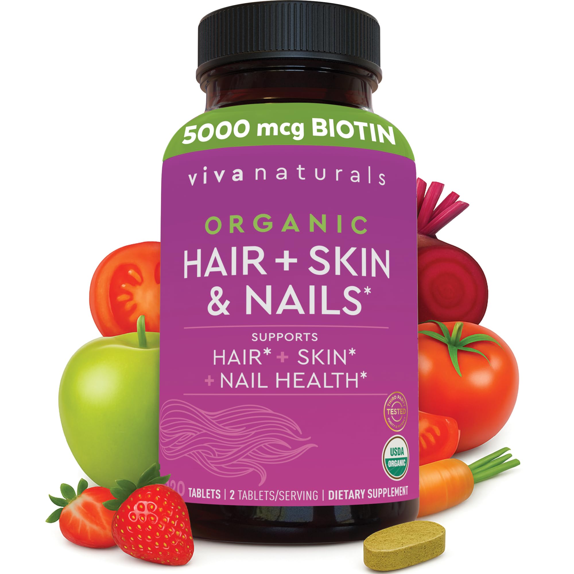 Biotin 5000 mcg Hair Skin Nails Vitamins for Women – Organic and Vegetarian-Friendly Supplement with Vitamin E, B-Vitamins, Spirulina Viva Naturals uk supplements