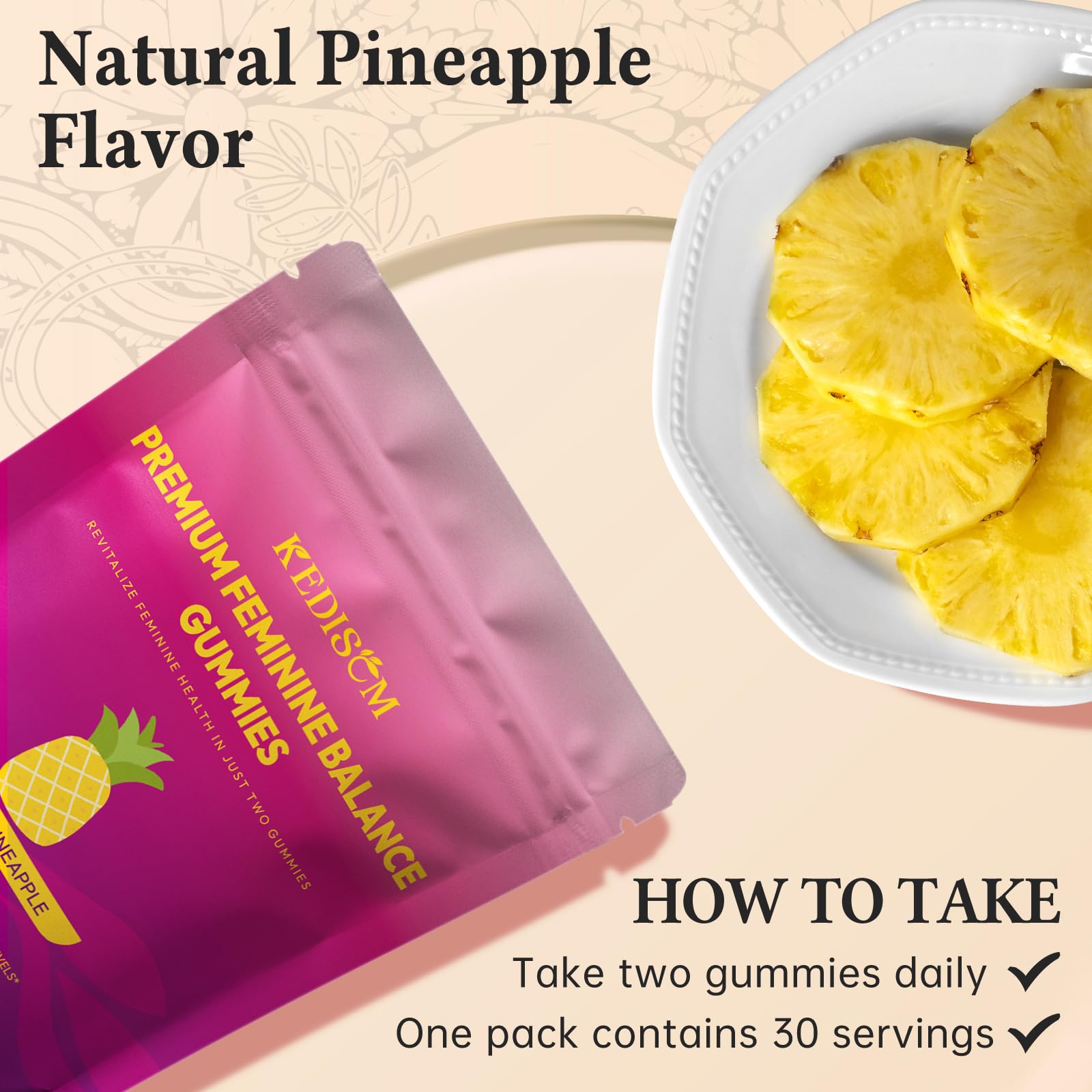 KEDISOM Premium Feminine Balance Gummies - for Women’s Health & Wellness - Immune Support - Vegan, Gluten-Free - Hawaiian Pineapple - 60 Gummies - 30 Servings KEDISOM uk supplements