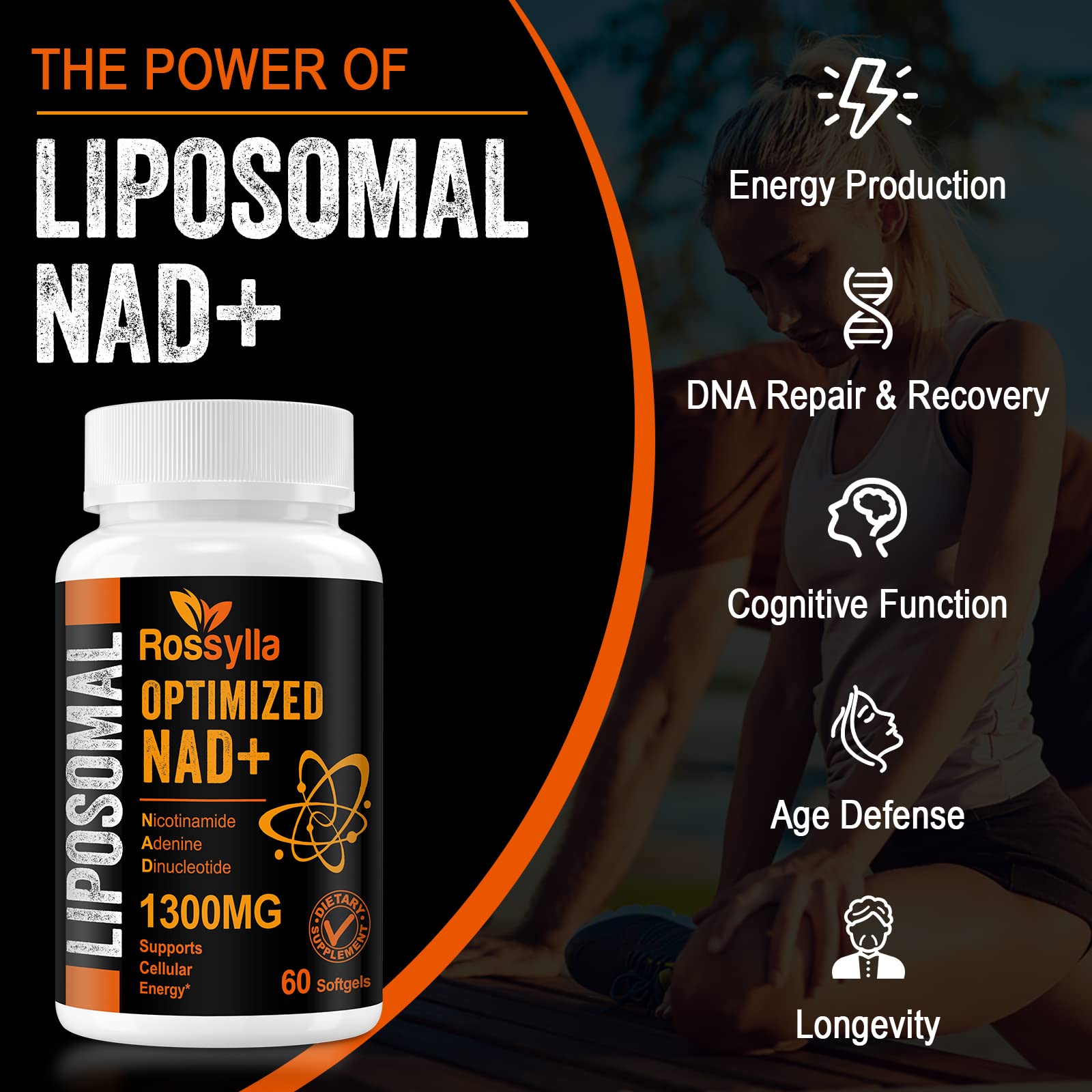 Rossylla 1300 MG Liposomal NAD+ Supplement | Highest Absorption | Purest NAD Supplemet to Boost NAD+ Effetively | Boosting NAD+ Supplement for Aging Defese, Cellular Energy, Longevity | 60 Count Rossylla uk supplements