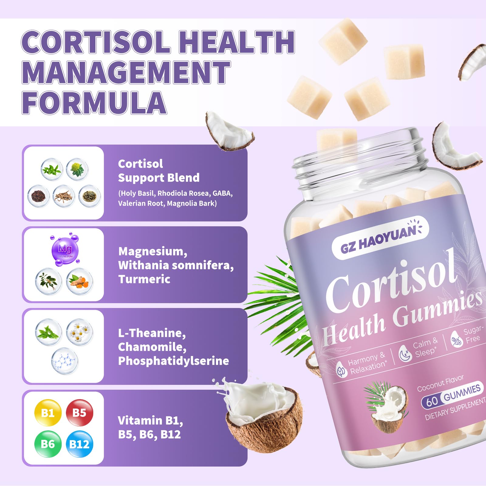 Cortisol Gummies for Women - Cortisol Supplements with Magnesium Glycinate, Ashwagandha, L-Theanine, Vitamin B Complex for Relaxation, Sleep, Calm Mood & Focus - Vegan, Sugar Free Coconut Flavor GZ HAOYUAN uk supplements