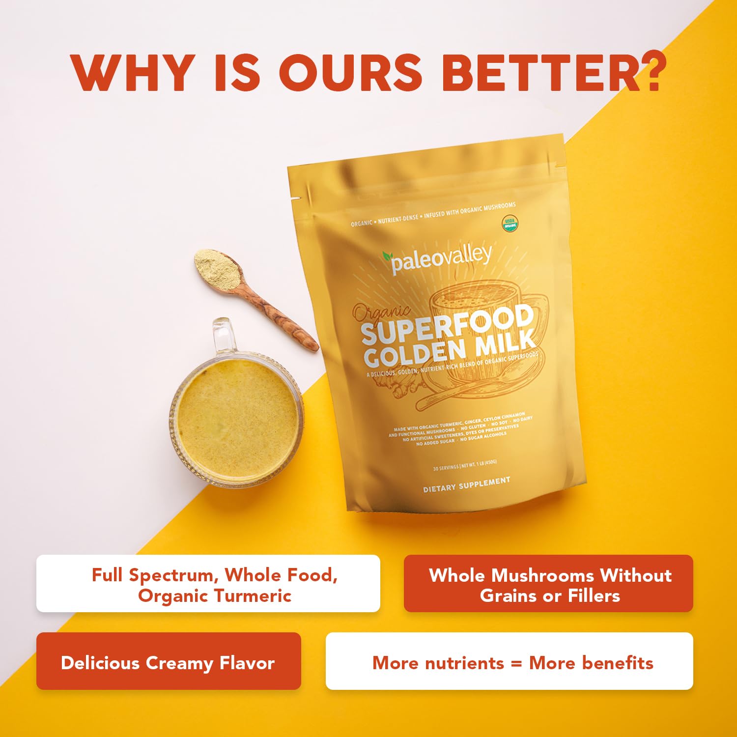 Paleovalley Organic Superfood Golden Milk - Immune, Focus, Cognitive, Longevity - Turmeric, MCT-Rich Coconut Milk, Functional Mushrooms, 30 Servings Paleovalley uk supplements