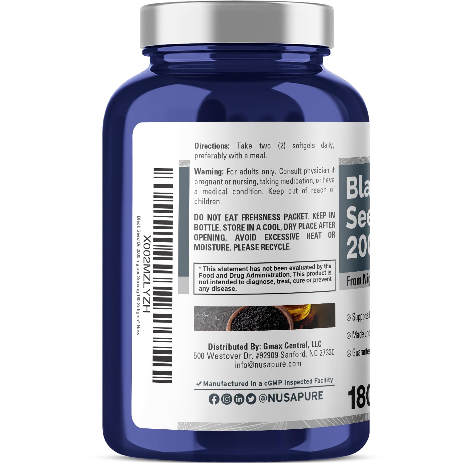 NusaPure Black Seed Oil 2000mg per Serving - 180 Softgel Caps (Non-GMO, Gluten-Free) Cold-Pressed Nigella Sativa NusaPure uk supplements