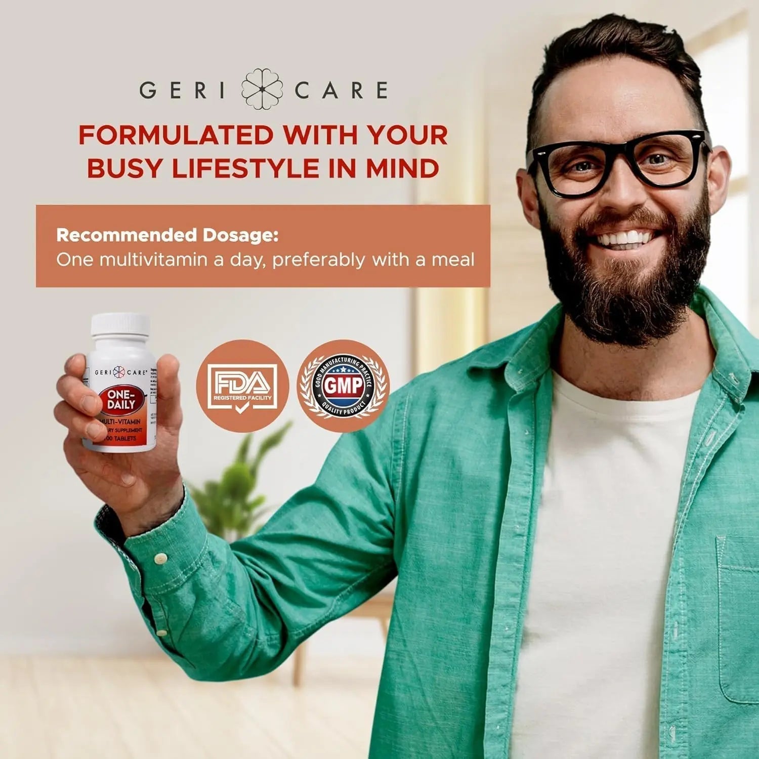 GeriCare One-Daily Multi-Vitamin Tablet, 100 Count Adult Multivitamin Supplement | Easy-to-Take Dietary Supplement with Vitamins A, C, D3, B, Calcium GeriCare uk supplements