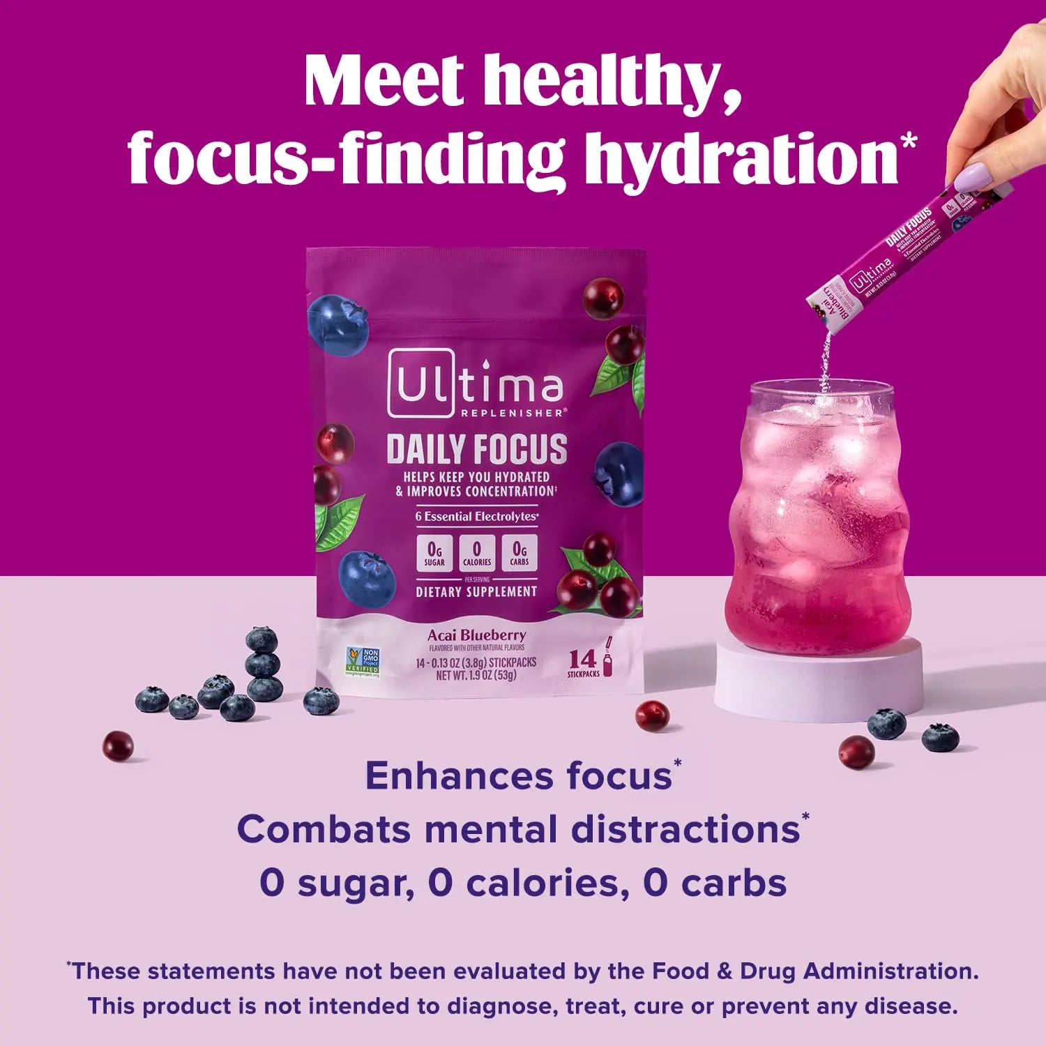 Ultima Replenisher Daily Focus Supplement & Electrolytes Powder - Acai Blueberry, 14 Stickpacks - Hydration Packets, 60mg Caffeine from Green Tea Extract & L-Theanine Ultima Replenisher uk supplements