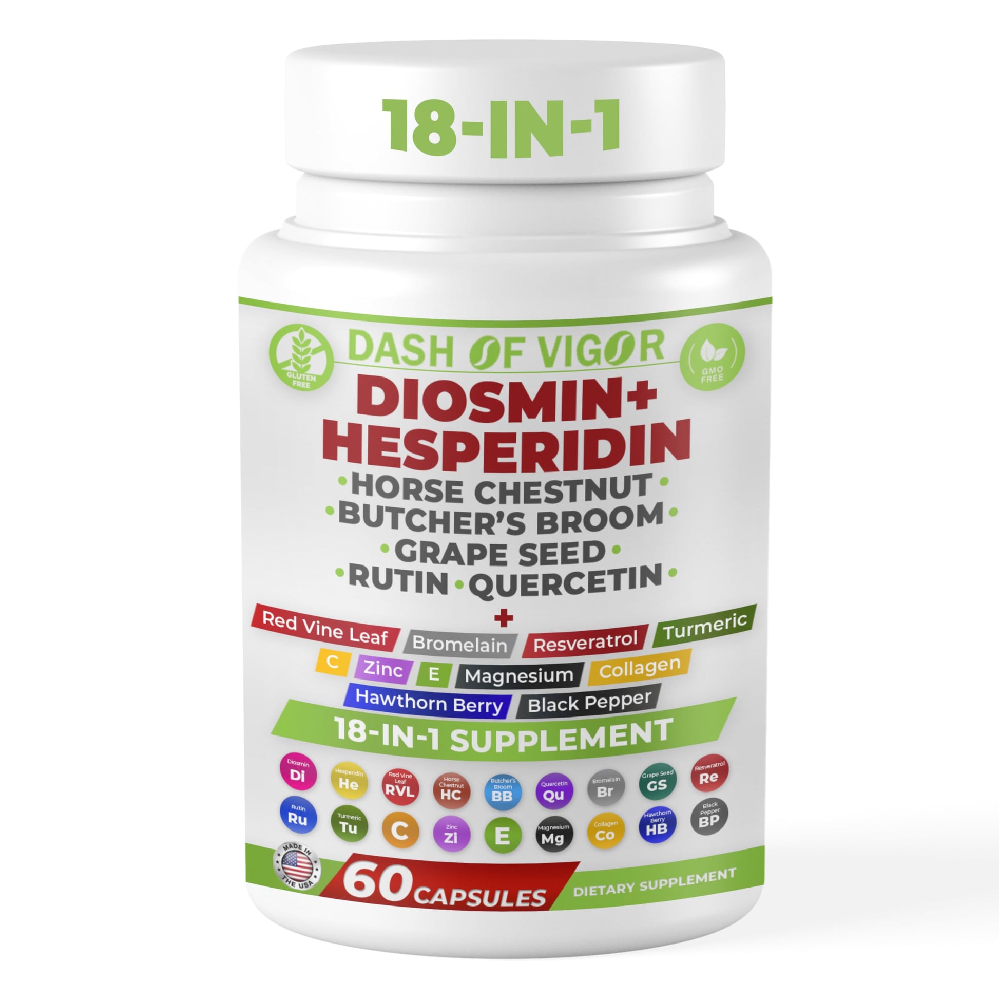 Dash of Vigor 18-in-1 Diosmin Hesperidin Supplement, Quercetin with Bromelain, Zinc, Vitamin C with Rutin Supplement, Horse Chestnut Extract, Butcher's Broom Extract, USA, 60 Capsules DASH OF VIGOR DOFV uk supplements