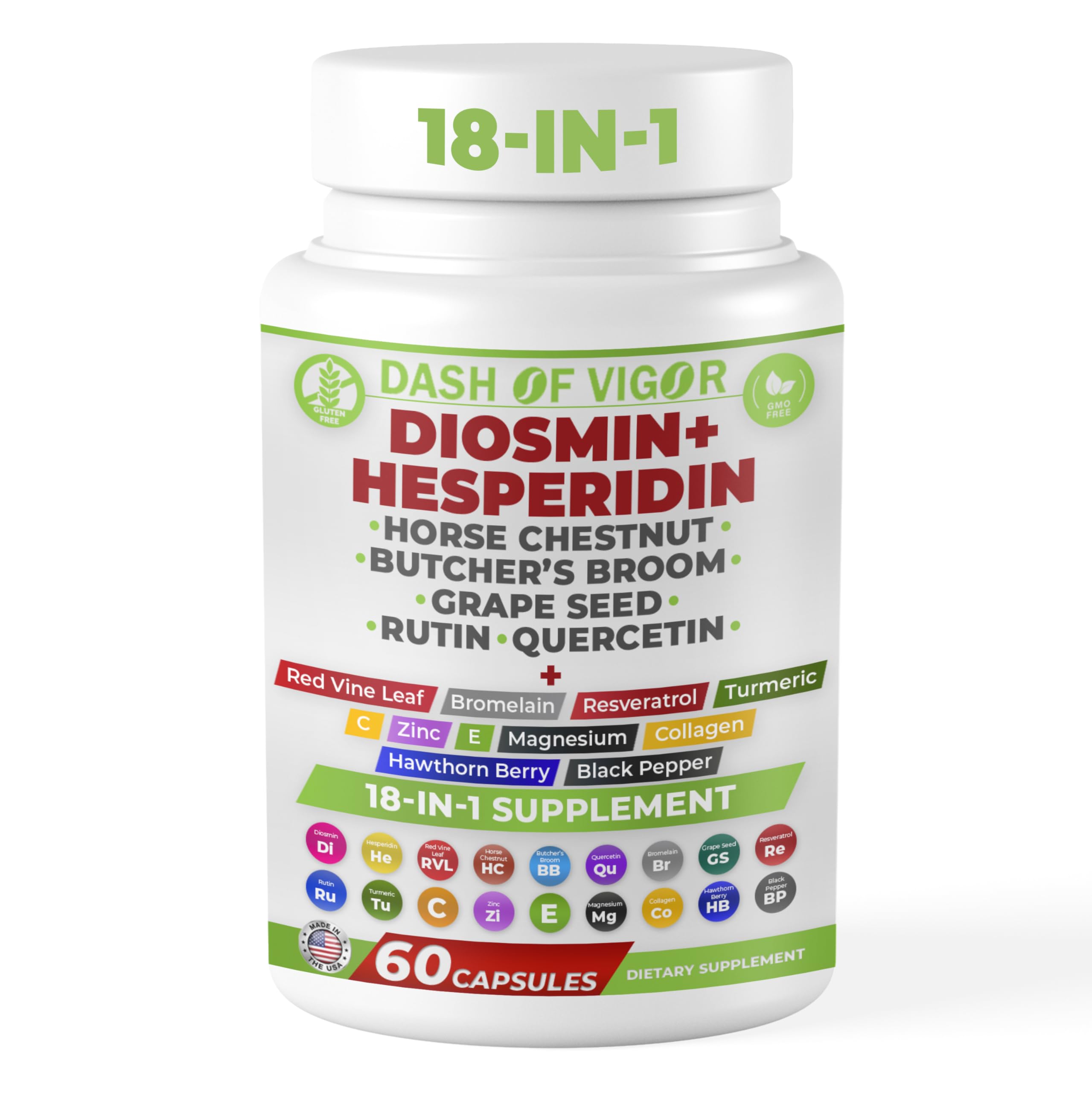 Dash of Vigor 18-in-1 Diosmin Hesperidin Supplement, Quercetin with Bromelain, Zinc, Vitamin C with Rutin Supplement, Horse Chestnut Extract, Butcher's Broom Extract, USA, 60 Capsules DASH OF VIGOR DOFV uk supplements