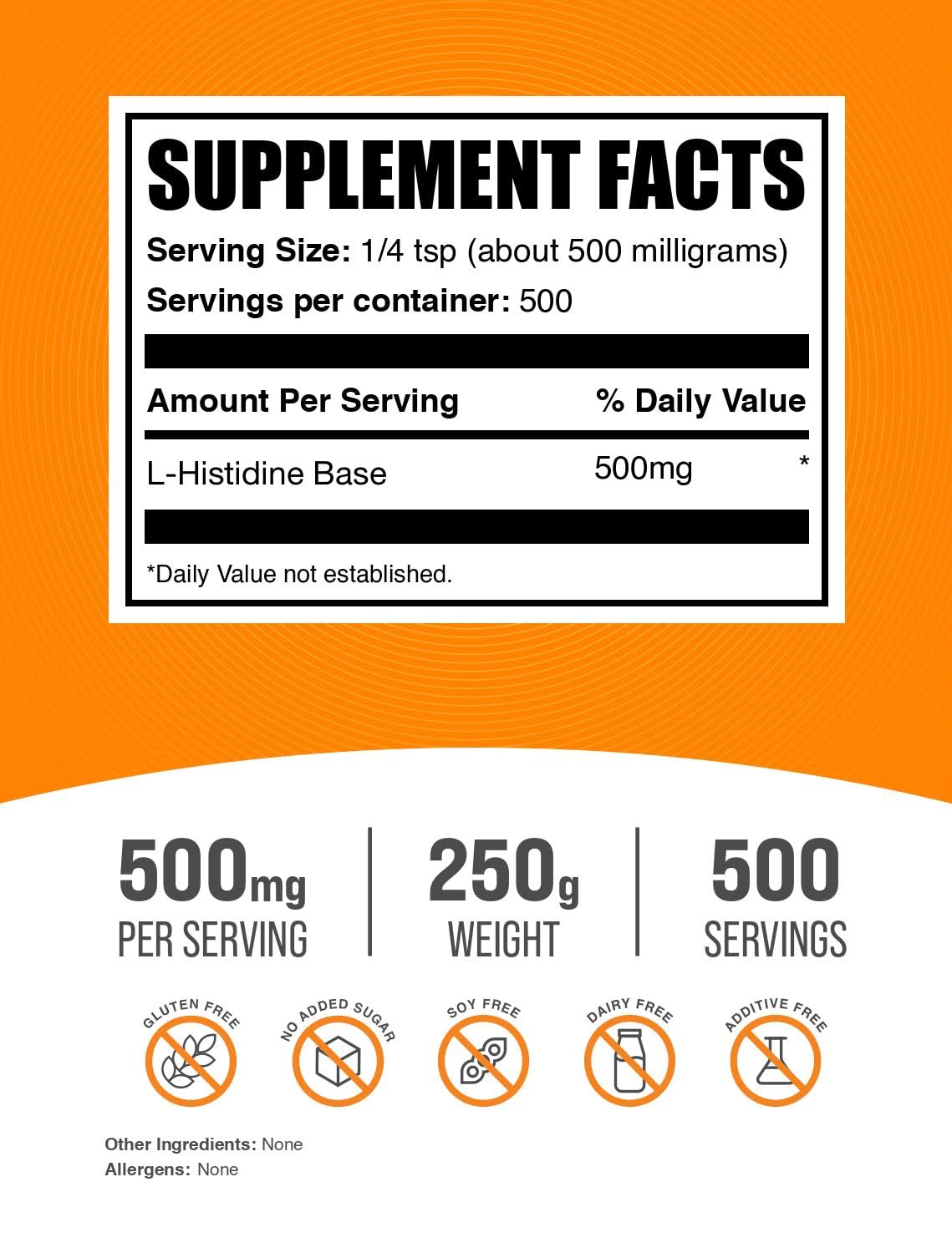 BulkSupplements.com L-Histidine Powder - as L-Histidine Base, Histidine Supplement - Essential Amino Acid & Gluten Free, 500mg per Serving, 250g (8.8 oz) (Pack of 1) BulkSupplements uk supplements