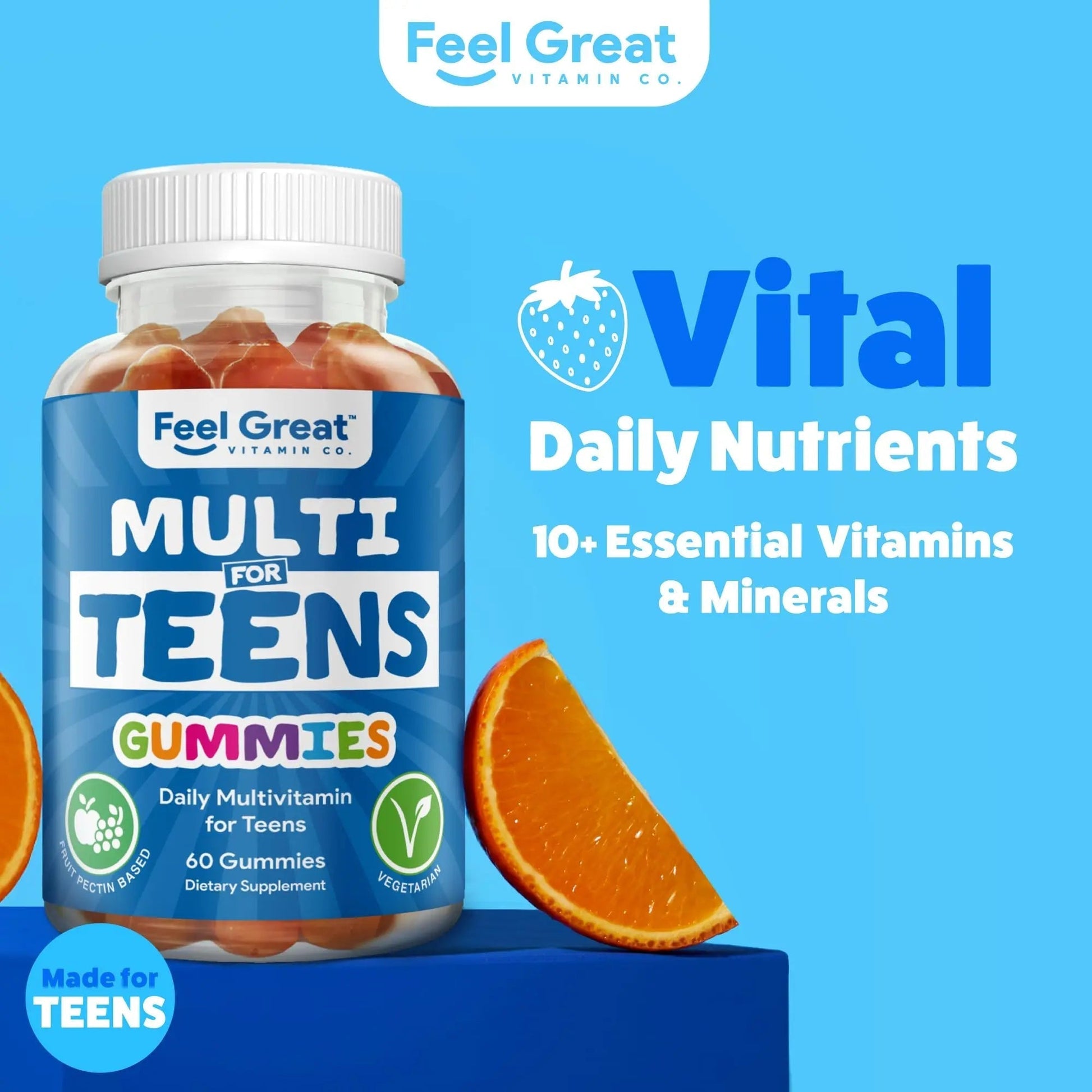 Feel Great Teen Vitamins Multivitamin Gummies | Citrus & Strawberry Flavor for Teen Boys & Girls | for Bone, Muscle & Immune Support | The Feel Great Vitamin Company uk supplements