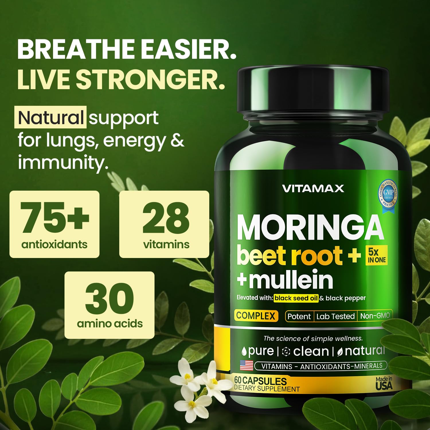 Moringa Capsules, Beet Root, Mullein Leaf - Energy, Skin, Immune Supplement Superfood, Rich in Antioxidants, Minerals & Essential Vitamins - High Absorption Non-GMO - Made in USA - 60ct Vitamax uk supplements