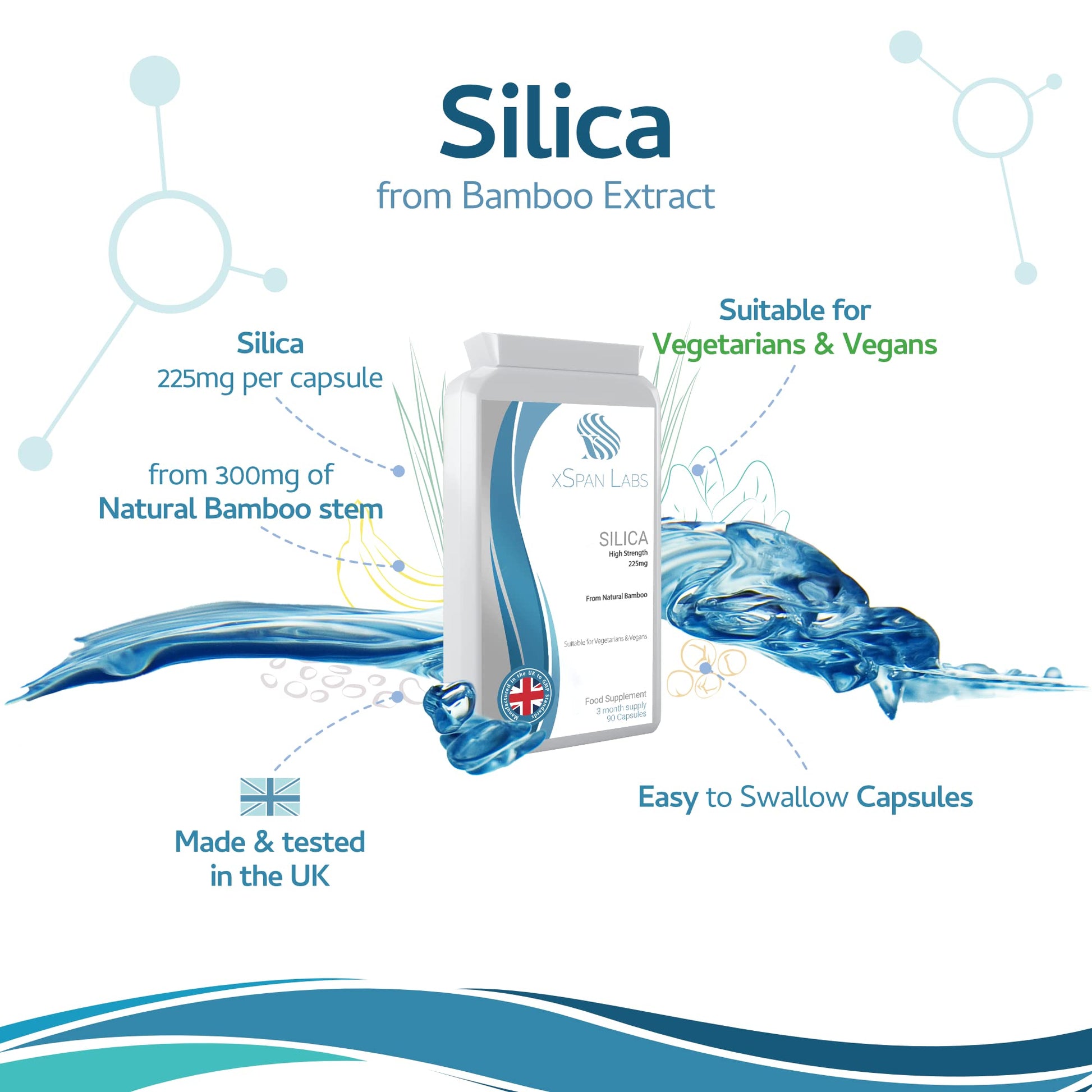 Silica 225mg – 90 Capsules - A Potent Highly Bioavailable Form - Naturally Sourced from Bamboo Extract - One-A-Day Vegan Capsules to Support Healthy Hair, Nails and Skin - Made in The UK Xspan Labs uk supplements