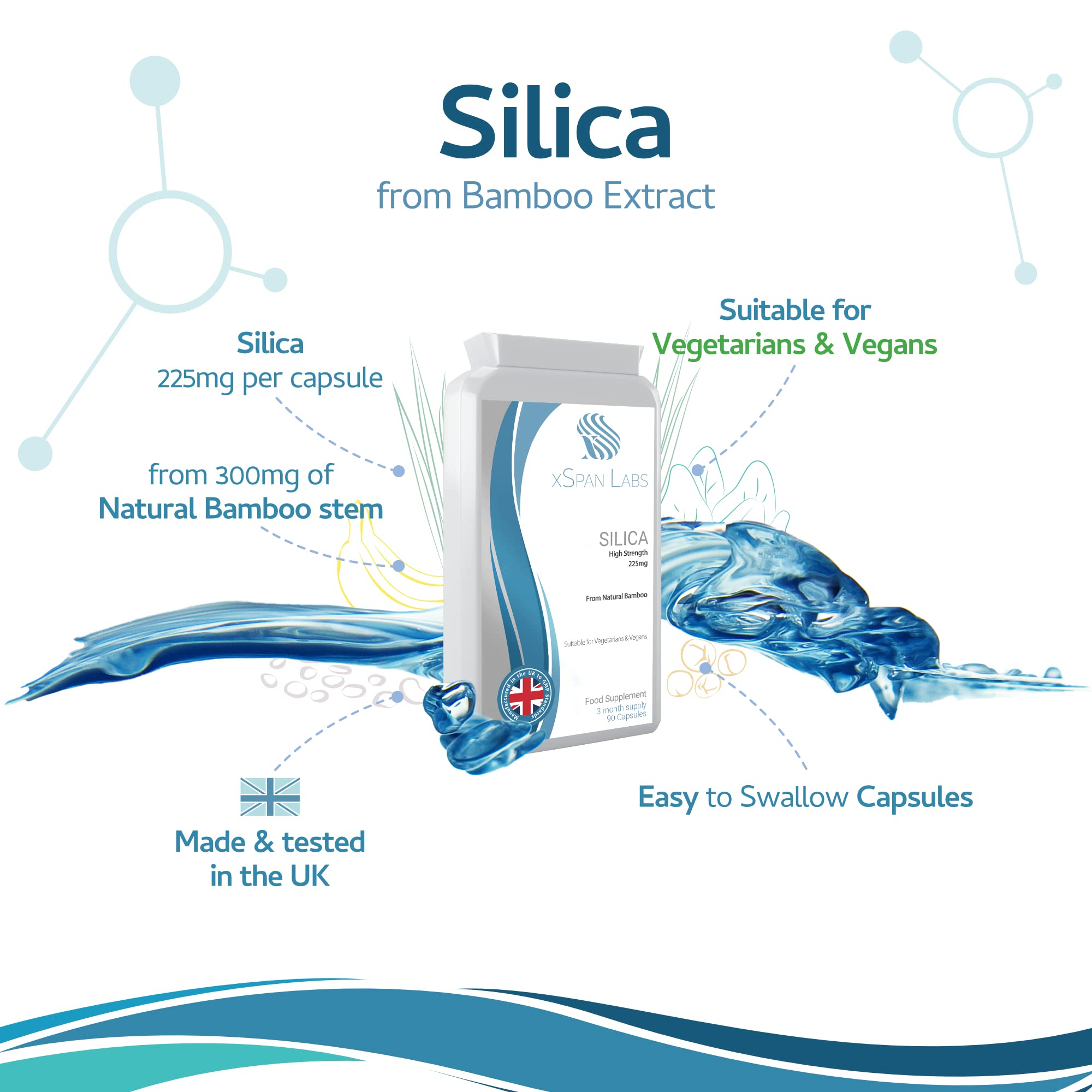 Silica 225mg – 90 Capsules - A Potent Highly Bioavailable Form - Naturally Sourced from Bamboo Extract - One-A-Day Vegan Capsules to Support Healthy Hair, Nails and Skin - Made in The UK Xspan Labs uk supplements