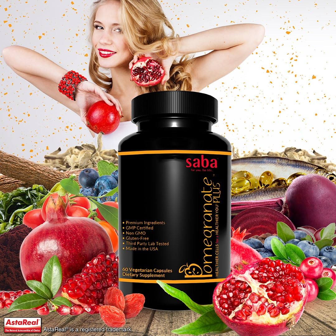 Saba Pomegranate Plus – Antioxidant Supplement with Astaxanthin & Adaptogens | Immune, Skin, Heart & Brain Support | Daily Stress & Cellular Wellness | 60 Capsules Saba uk supplements