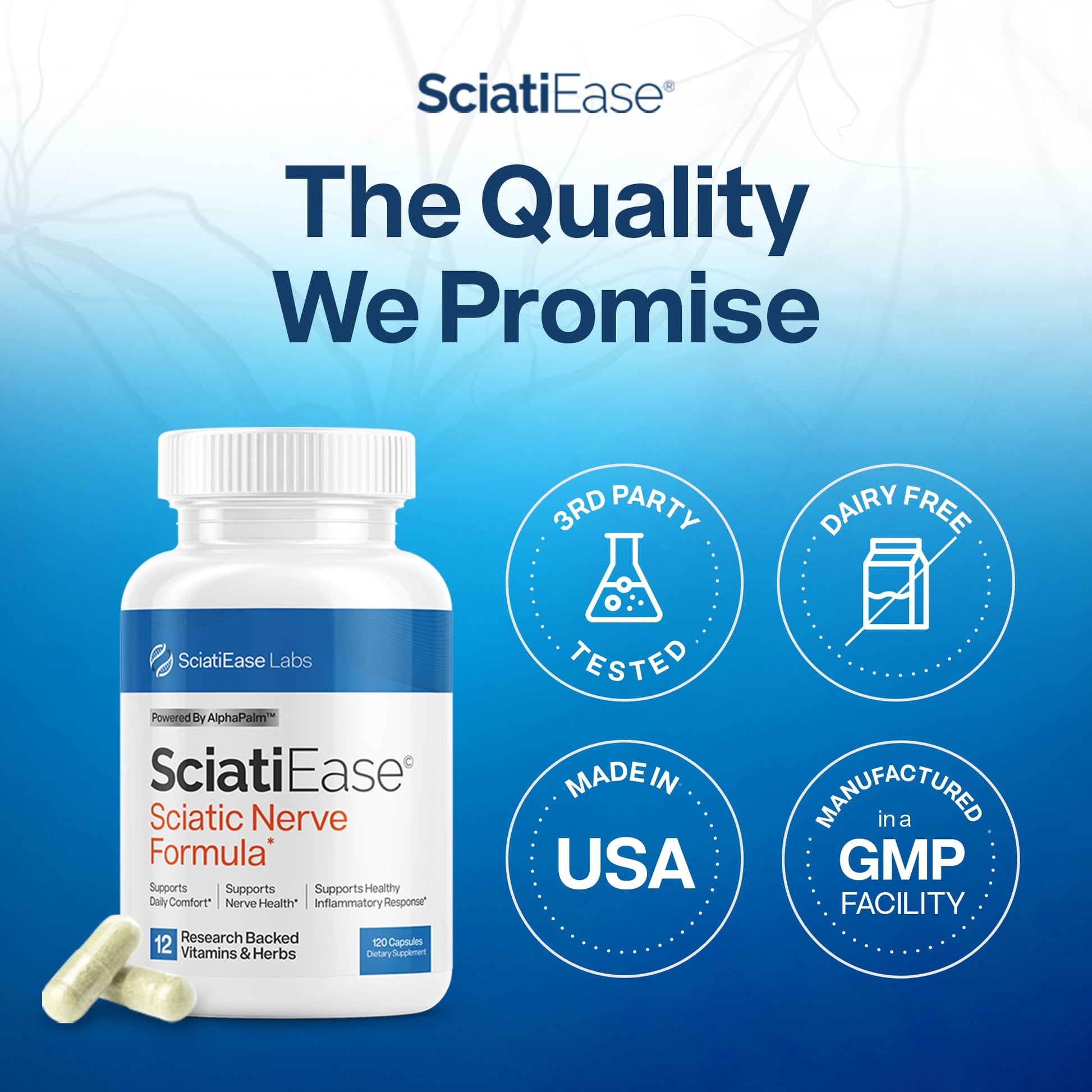 SciatiEase Sciatic Nerve Health Support Supplement - Nerve Support Formula with AlphaPalm, Pea, Vitamin B Complex, Alpha Lipoic Acid 300mg - 120 Capsules SciatiEase uk supplements