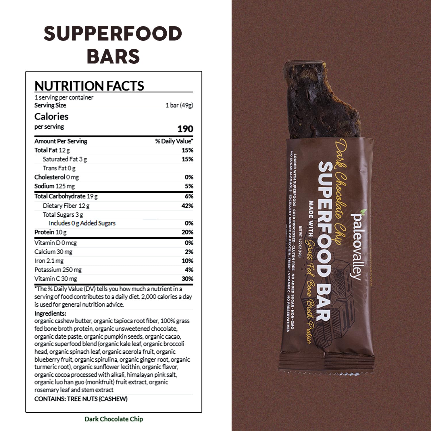 Paleovalley Superfood Bars – Dark Chocolate Chip– 10 Pack – 9g Protein per Bar – Gluten-Free, Grain-Free, Paleo, Non-GMO – On-the-Go Snack Paleovalley uk supplements