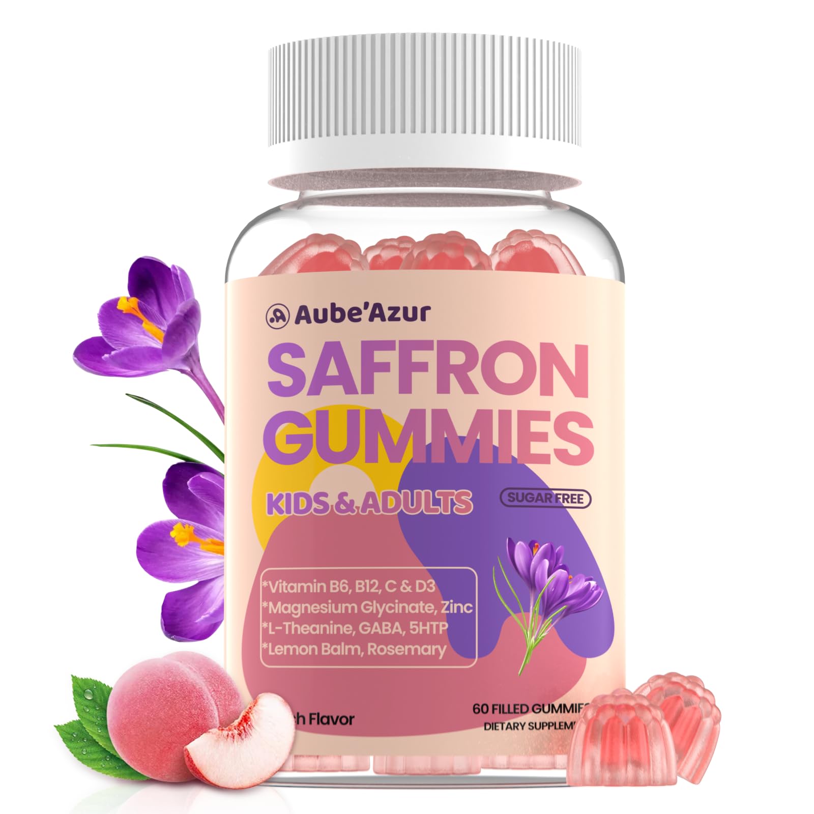 Saffron Gummies for Kids Adults 88.5mg, 15-in-1 Saffron Supplements for Kids, with B6, B12, C, D3, Magnesium Glycinate, Zinc for Nerve, Rest, Focus, Sugar Free, Vegan, Non- GMO, Peach Flavor, 60 Count Aube'Azur uk supplements