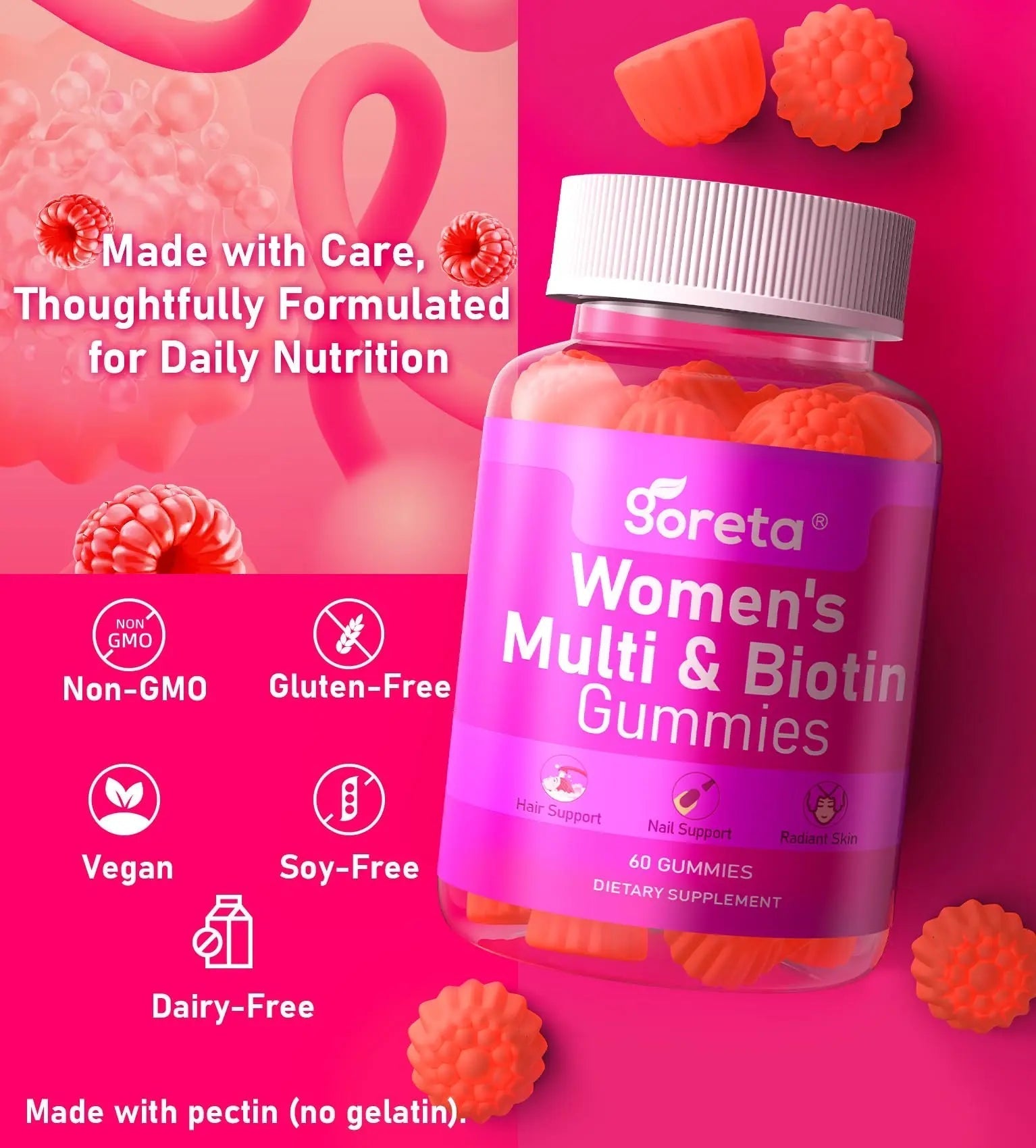 Goreta Women’s Multivitamin Gummies with Biotin 2,500 mcg – 15 Key Nutrients, Sugar-Free Mixed Berry, Pectin-Based, 60 Count Goreta uk supplements