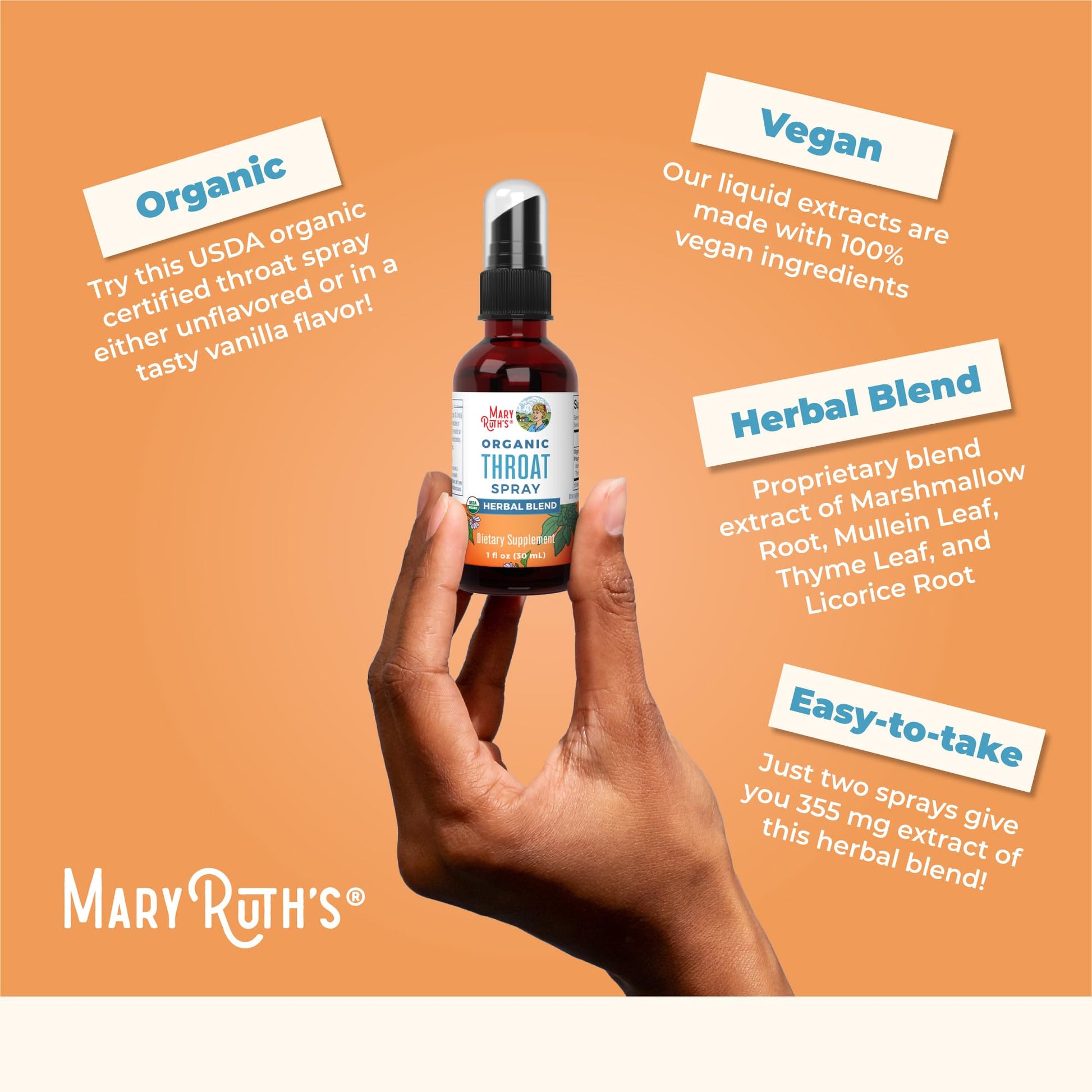 MaryRuth Organics USDA Organic Throat Spray with Mullein Leaf | Marshmallow Root & Licorice Root & Thyme Leaf | 4 Herbal Blend | Non-GMO | Vegan | Gluten Free | 1 Fl Oz | Up to 100 Servings MARYRUTH'S uk supplements