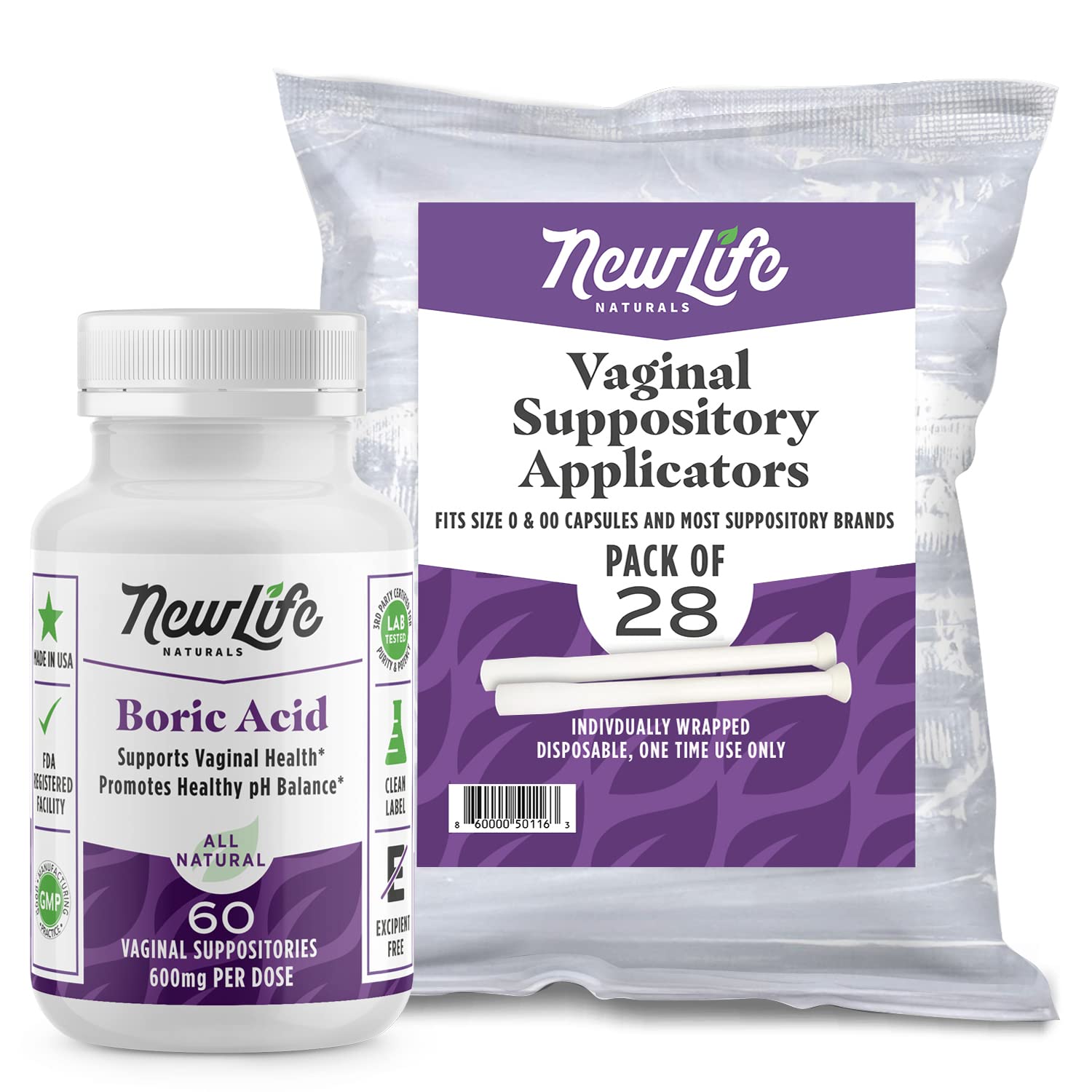 NewLife Naturals Boric Acid Vaginal Suppositories 600mg (60 Pack) with 28 Applicators - for pH Balance NewLife Naturals uk supplements
