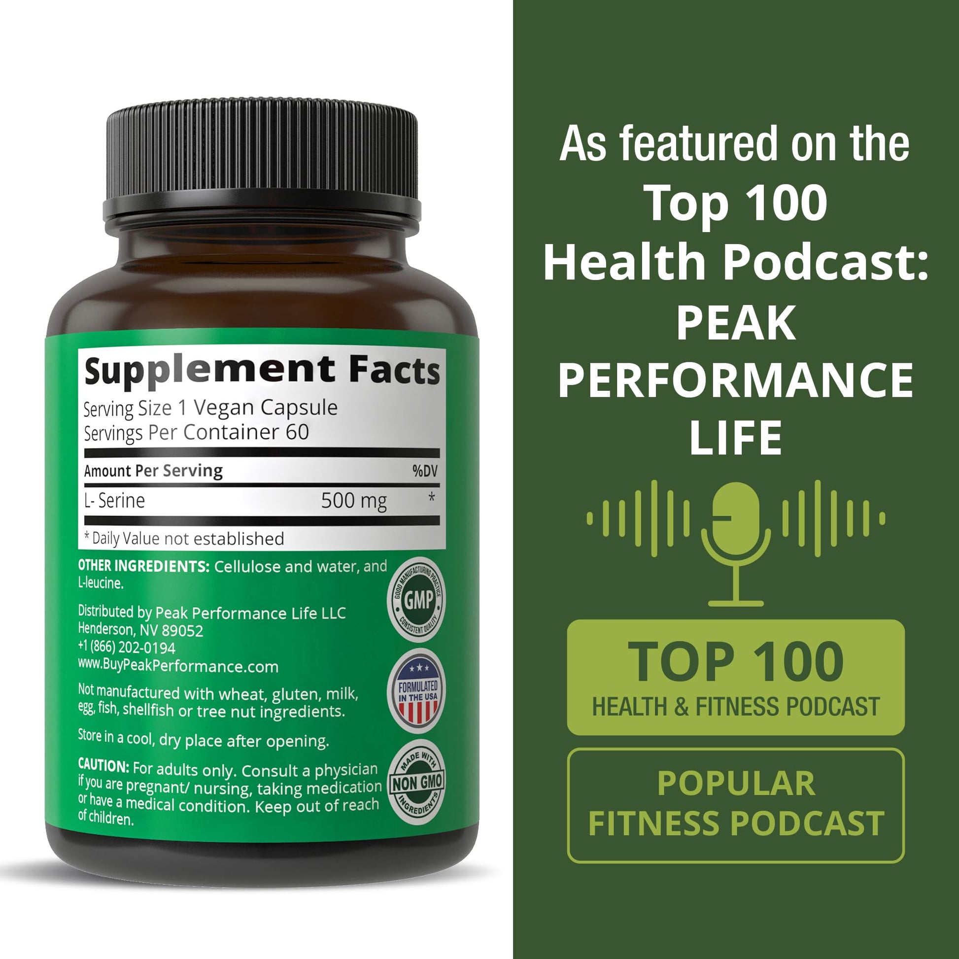 Peak Performance L-Serine Capsules 500mg Best Brain and Nootropic Amino Acids for Production of L-Cystine, L-Tryptophan and Serotonin. USA Grade L Serine Pills. Non-GMO Supplement (60 Servings) Peak Performance uk supplements