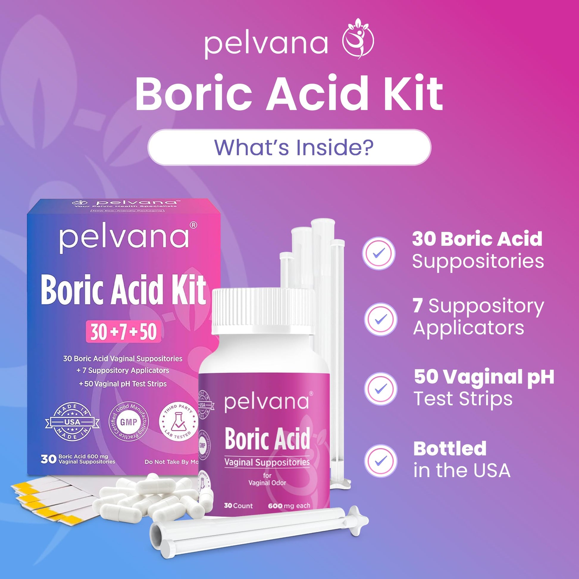 Pelvana Boric Acid Suppositories for Women 30 + 7 Applicators + 50 pH Test Strips, Total of 87 Piece Kit for Vaginal Odor - Third-Party Verified & Bottled in The USA - Feminine Health Odor Solution Pelvana uk supplements