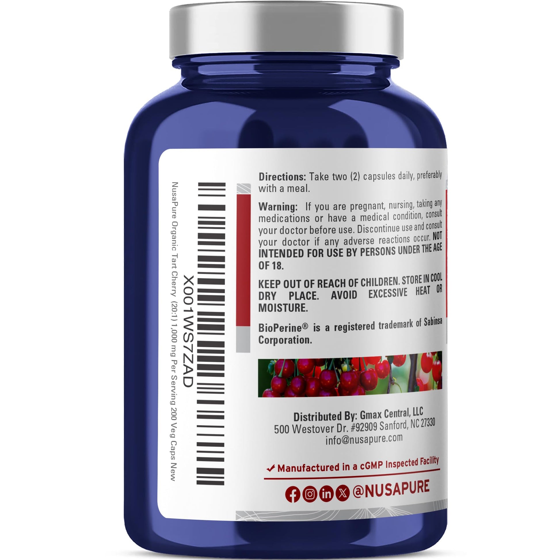 NusaPure Organic Tart Cherry 20:1 Extract, 1000 mg Equivalent to 20,000 mg 200 Veggie Caps (Vegan, Non-GMO) Bioperine NusaPure uk supplements