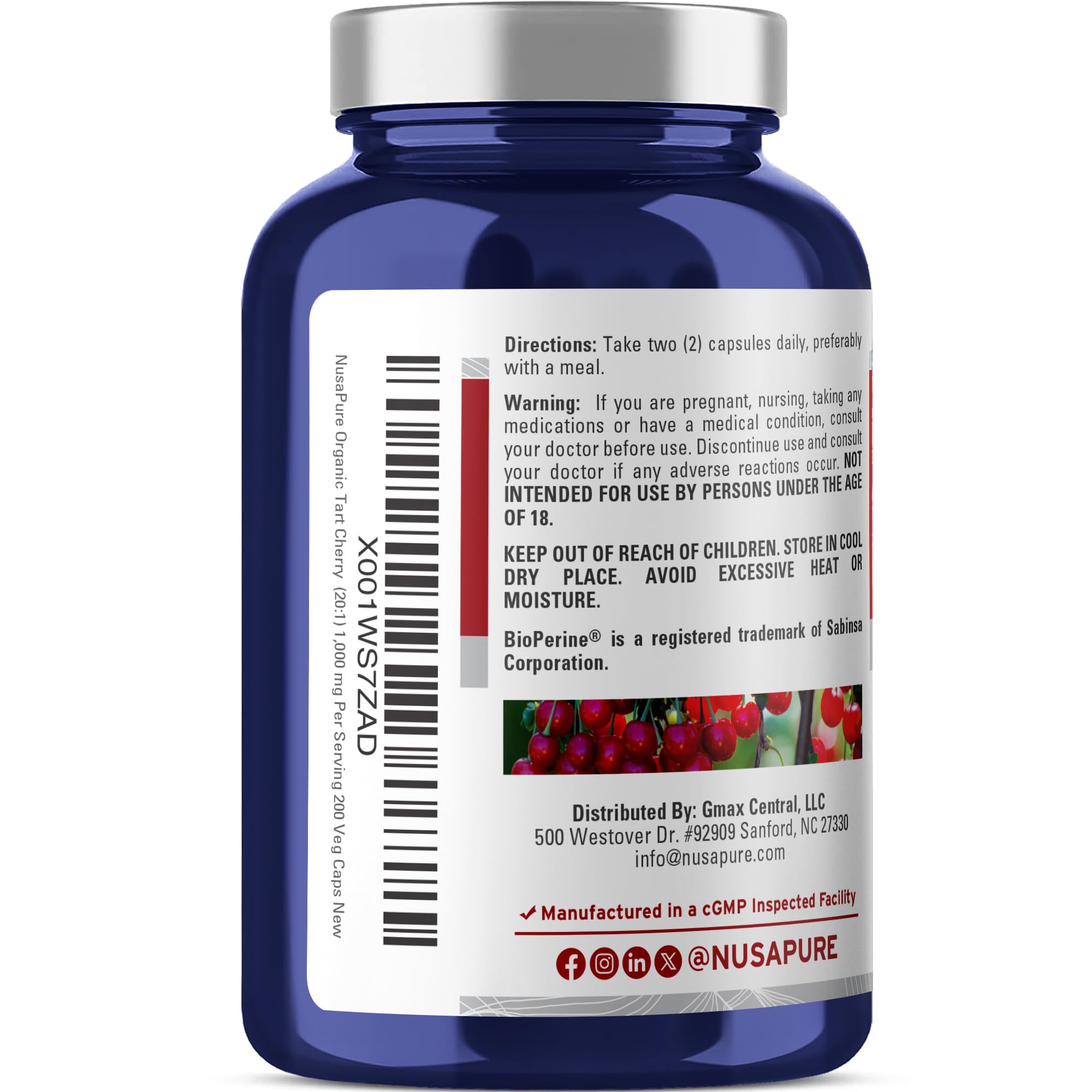 NusaPure Organic Tart Cherry 20:1 Extract, 1000 mg Equivalent to 20,000 mg 200 Veggie Caps (Vegan, Non-GMO) Bioperine NusaPure uk supplements