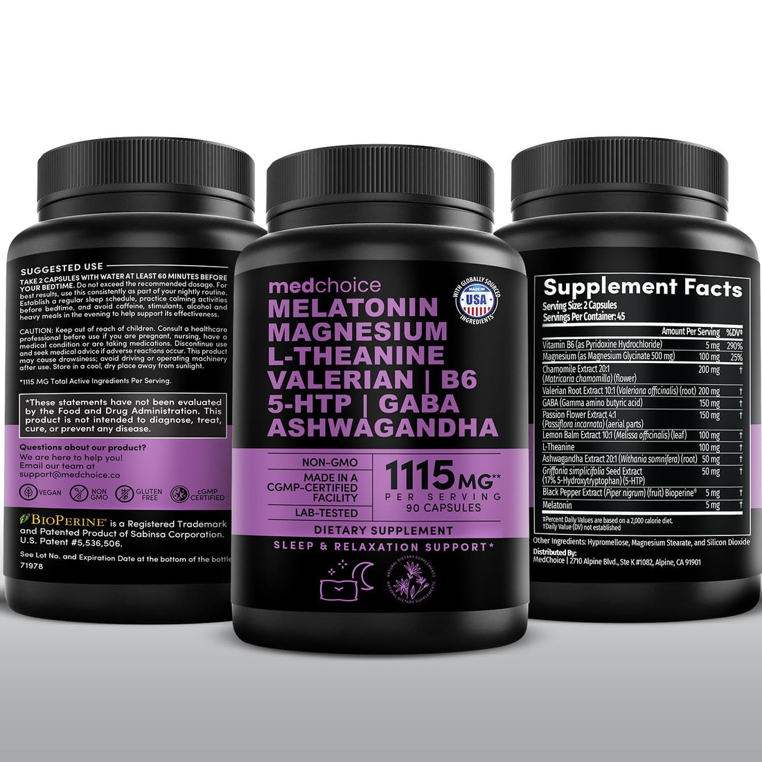 12-in-1 Melatonin Sleep Capsules - Natural Sleep Aids for Adults with Melatonin 5mg and Magnesium Glycinate 500mg, Sleep Aid with Ashwagandha, L Theanine, Valerian Root, GABA, 5-HTP (90ct, Pack of 1) MEDCHOICE uk supplements