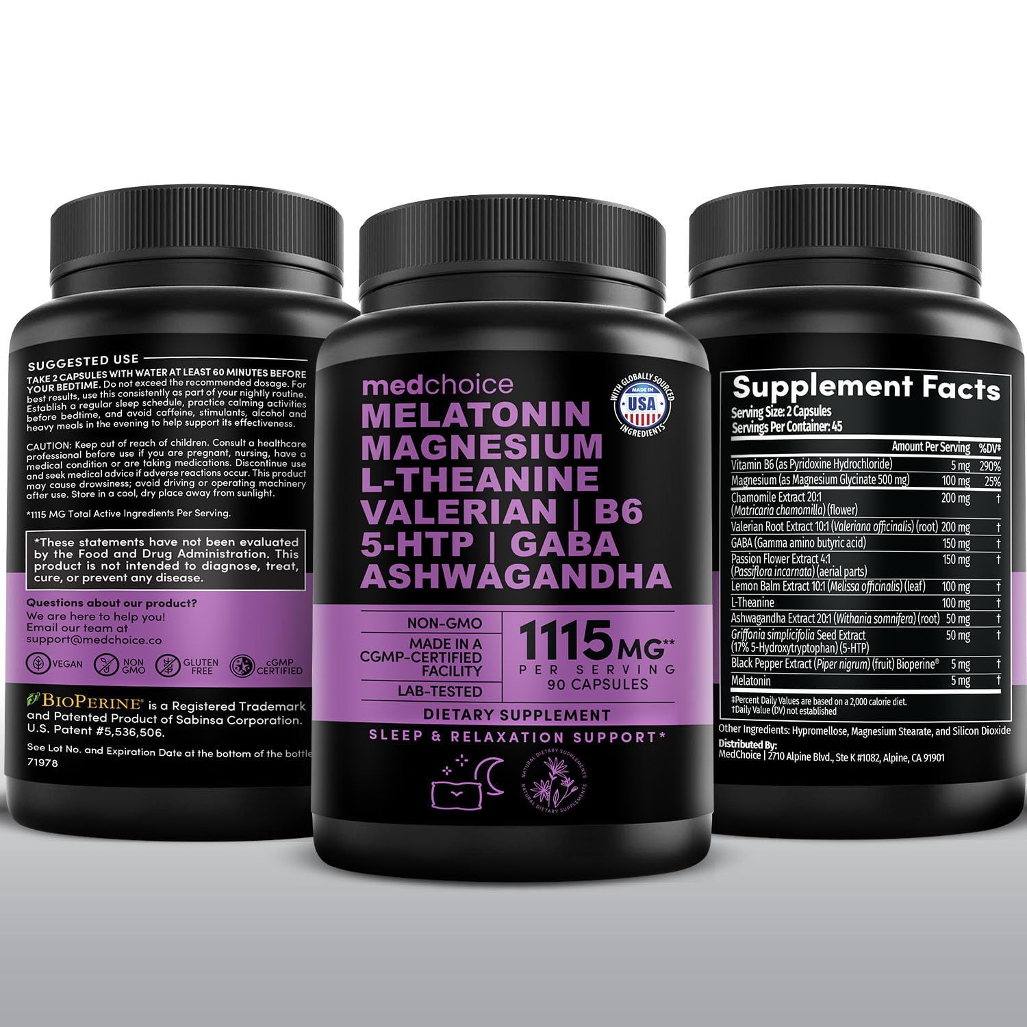 12-in-1 Melatonin Sleep Capsules - Natural Sleep Aids for Adults with Melatonin 5mg and Magnesium Glycinate 500mg, Sleep Aid with Ashwagandha, L Theanine, Valerian Root, GABA, 5-HTP (90ct, Pack of 1) MEDCHOICE uk supplements