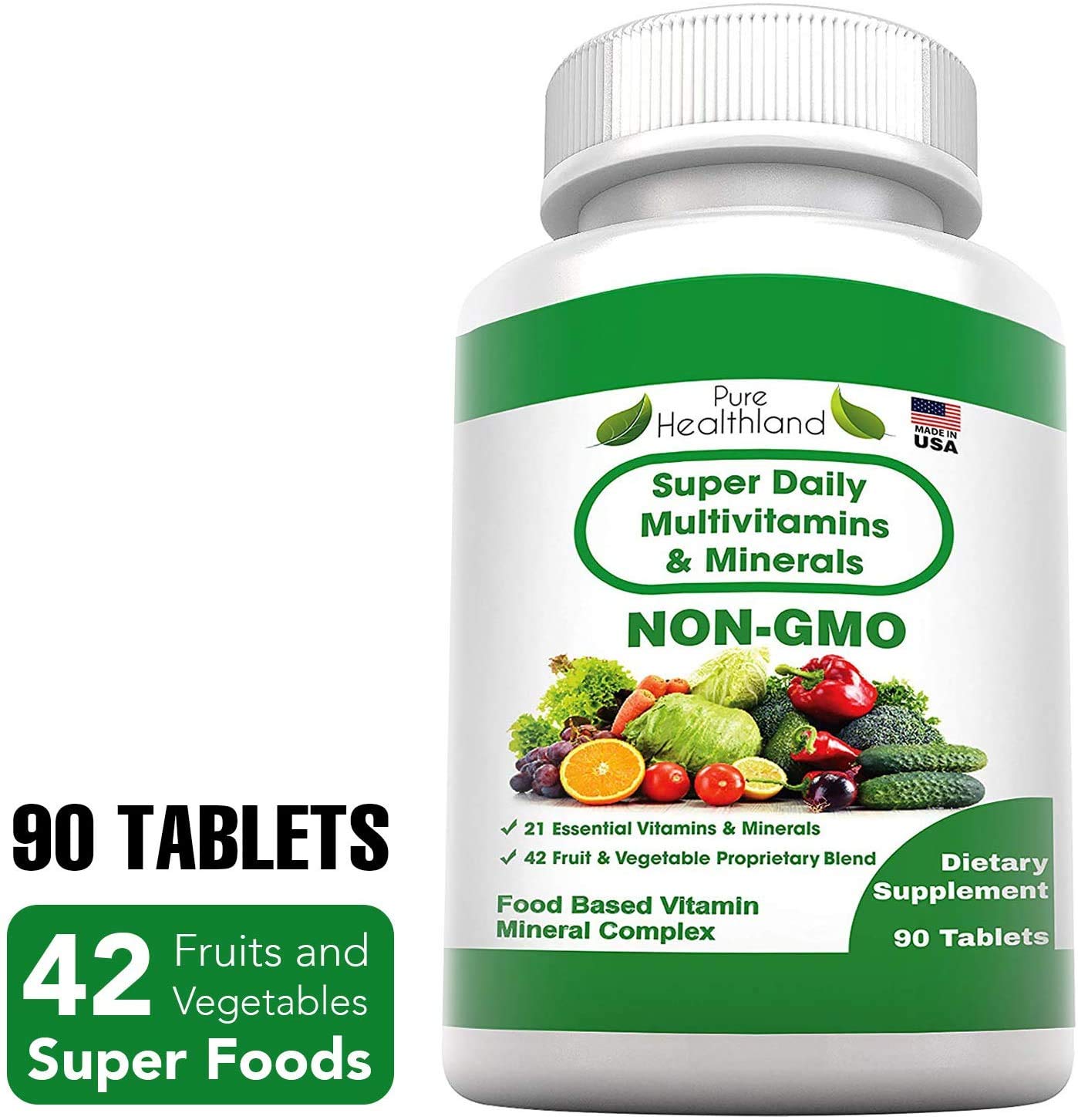 Pure Heathland Non-GMO Super Daily Multivitamin for Adults – 42 Natural Fruits & Vegetables Blend with 21 Essential Vitamins & Minerals – Vegan Coating Tablets, 90 Count, Made in USA Pure Healthland uk supplements