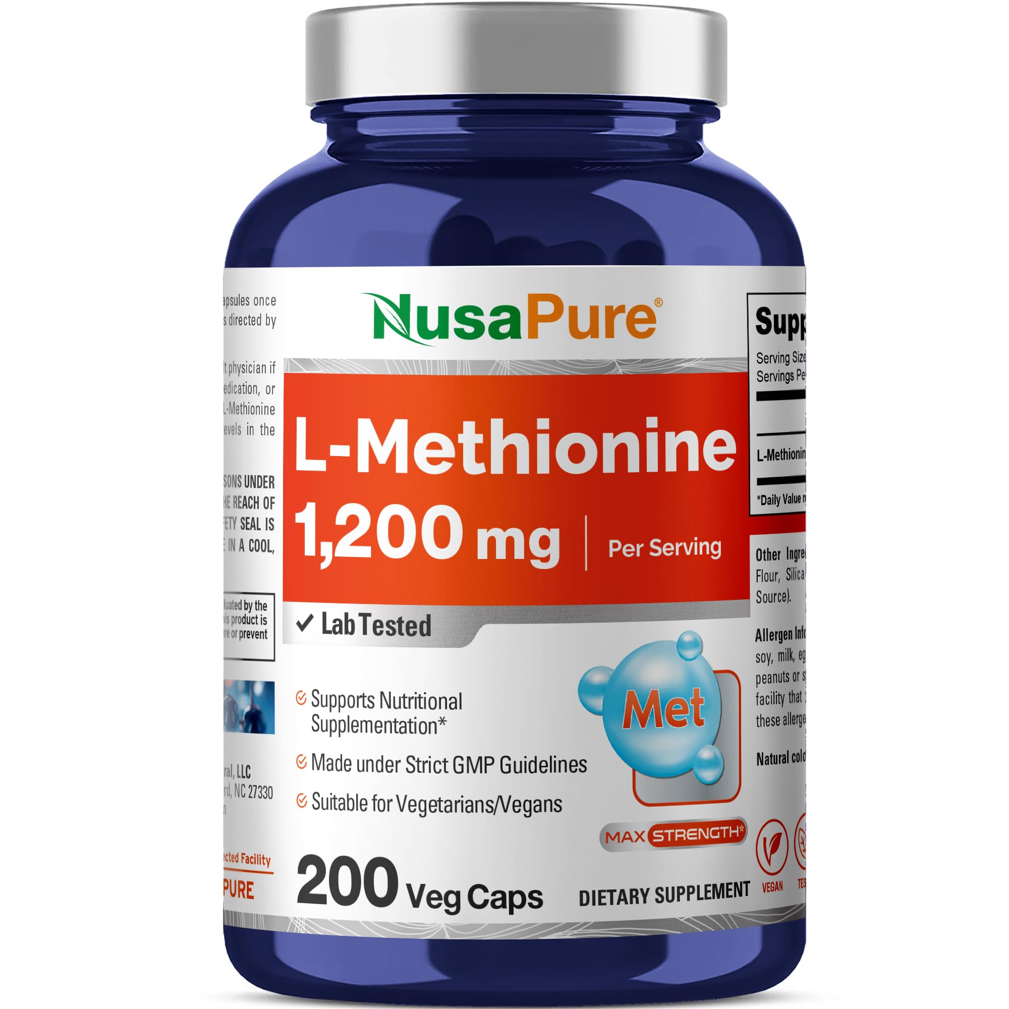 NusaPure L Methionine 1200mg | 200 Capsules | Non-GMO | Vegan Supplement NusaPure uk supplements