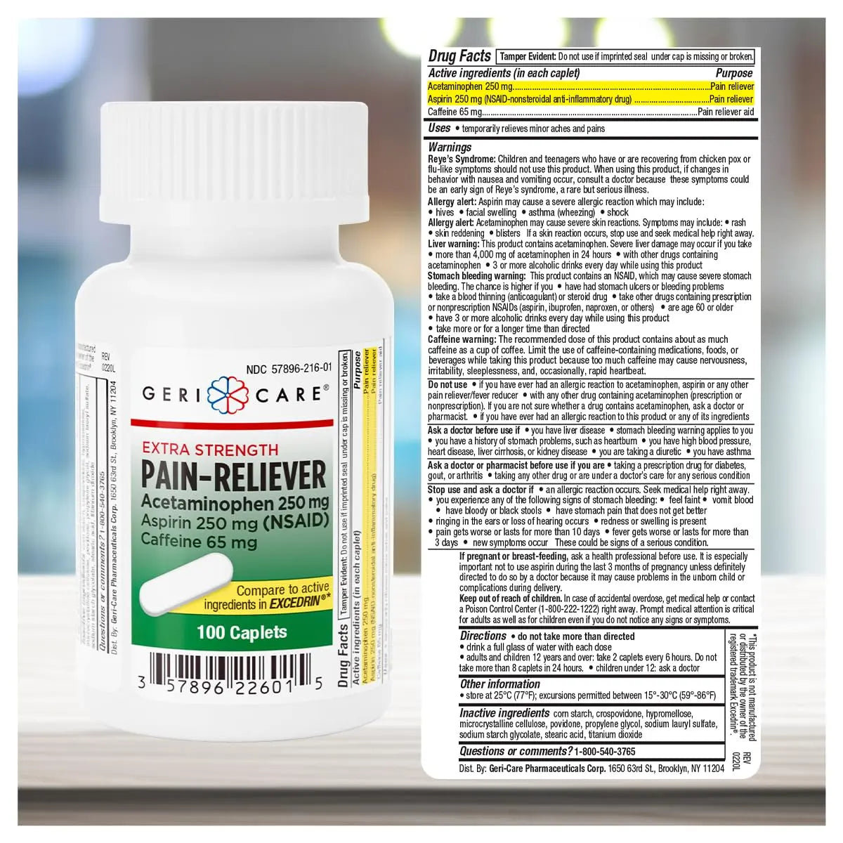 GeriCare Pain Reliever Extra Strength Caplets – 100 Count – Acetaminophen 250mg, Aspirin 250mg (NSAID), Caffeine 65mg – Powerful Triple-Action Formula for Headaches, Migraines & Minor Aches (2 Pack) GeriCare uk supplements