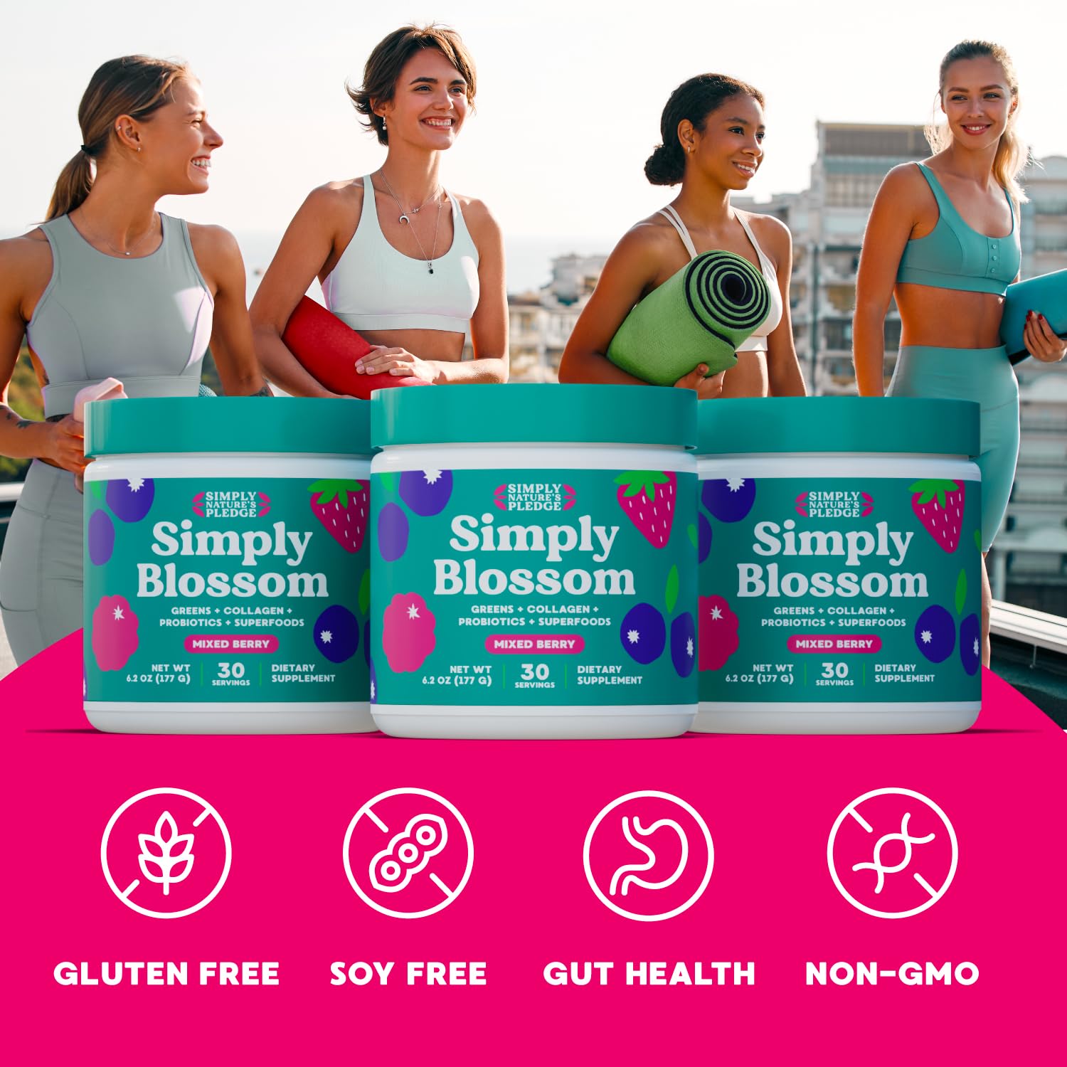 Simply Blossom Nutrition - Daily Greens & Superfood Powder + Collagen + Probiotics for Women's Digestive Health & Bloating Relief. Help Your Health Bloom - 2 Month Supply Simply Nature's Pledge uk supplements