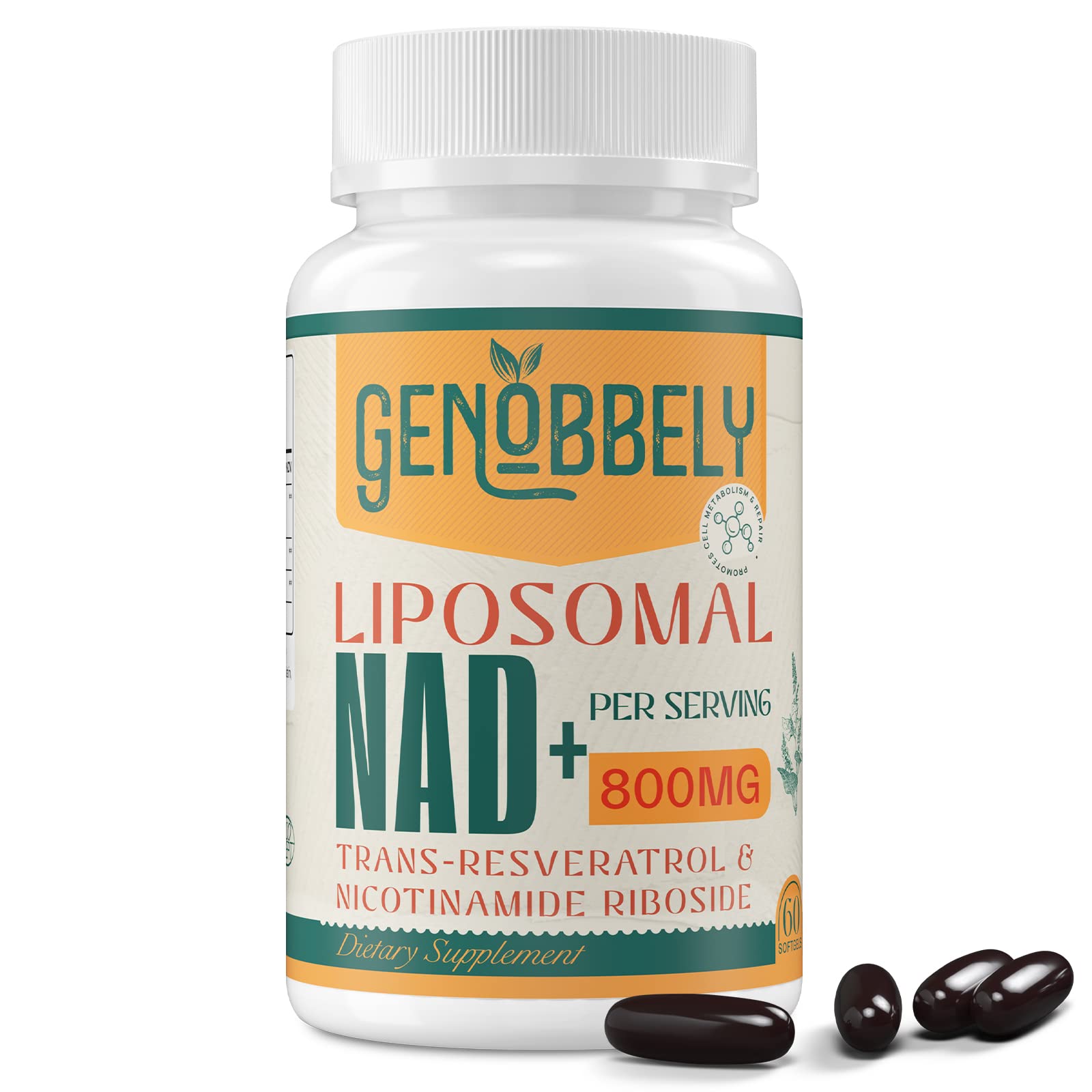 GENOBBELY 800 mg Liposomal NAD+ Supplement with Nicotinamide Riboside 200 mg, Trans-Resveratrol 100 mg - True NAD Supplement for DNA Repair, Healthy Aging, Brain Function - 60-Day Supply GENOBBELY uk supplements