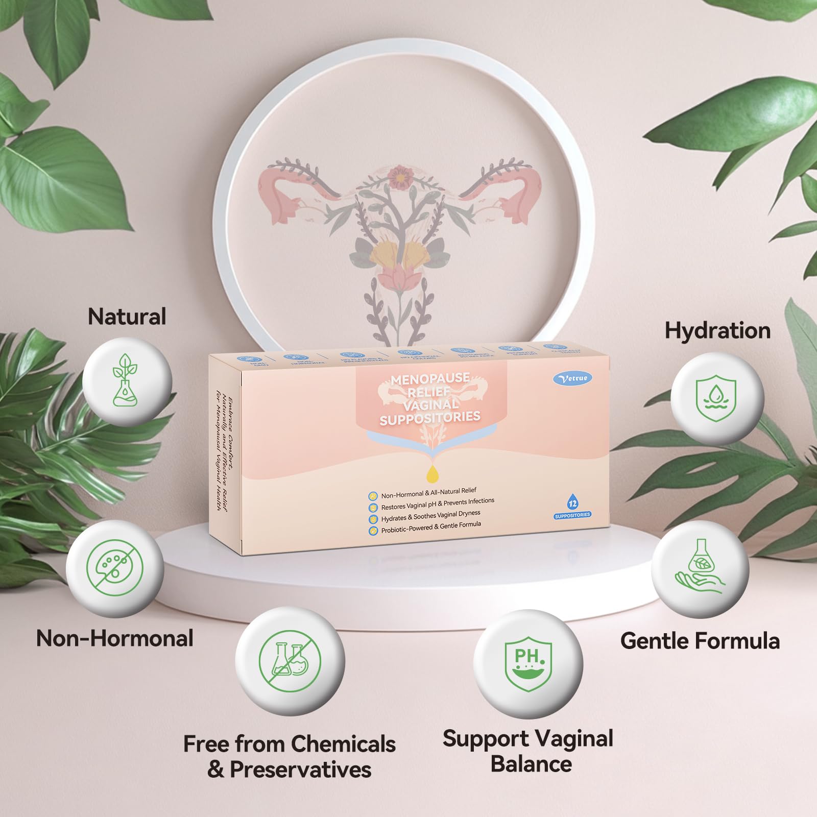 Vetrue Menopause Relief Vaginal Suppositories, Non-Hormonal, All-Natural Formula with Boric Acid, Hyaluronic Acid, Probiotics, Coconut Oil & Vitamin E, Soothes Vaginal Dryness & Discomfort(12 Inserts) vetrue uk supplements