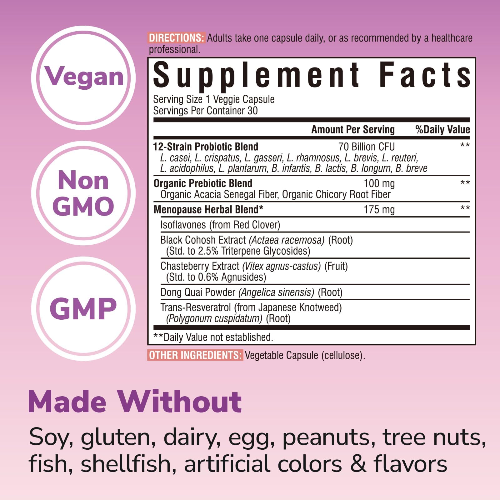 Vitalibre Menopause Probiotics for Women 70 Billion CFU, 12 Targeted Strains, Organic Prebiotics, Black Cohosh Resveratrol Red Clover Chasteberry Dong Quai, Hot Flash Night Sweat+, No Estrogen, 30 Ct Vitalibre uk supplements