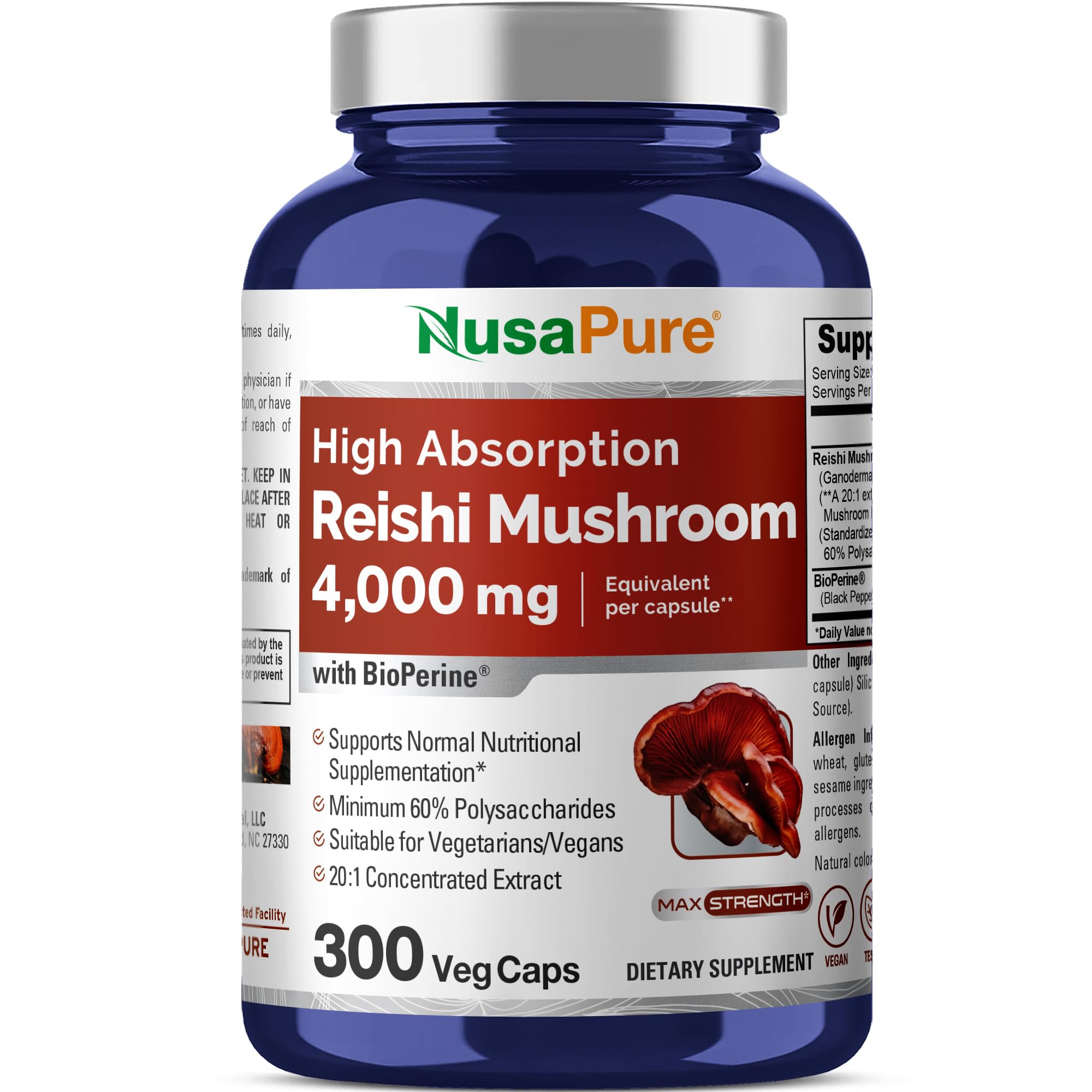 NusaPure Reishi Mushroom Extract 20:1 Extract, 200 mg Equivalent to 4000mg per Capsule 300 Veggie Caps Vegan, Non-GMO, Vegan NusaPure uk supplements