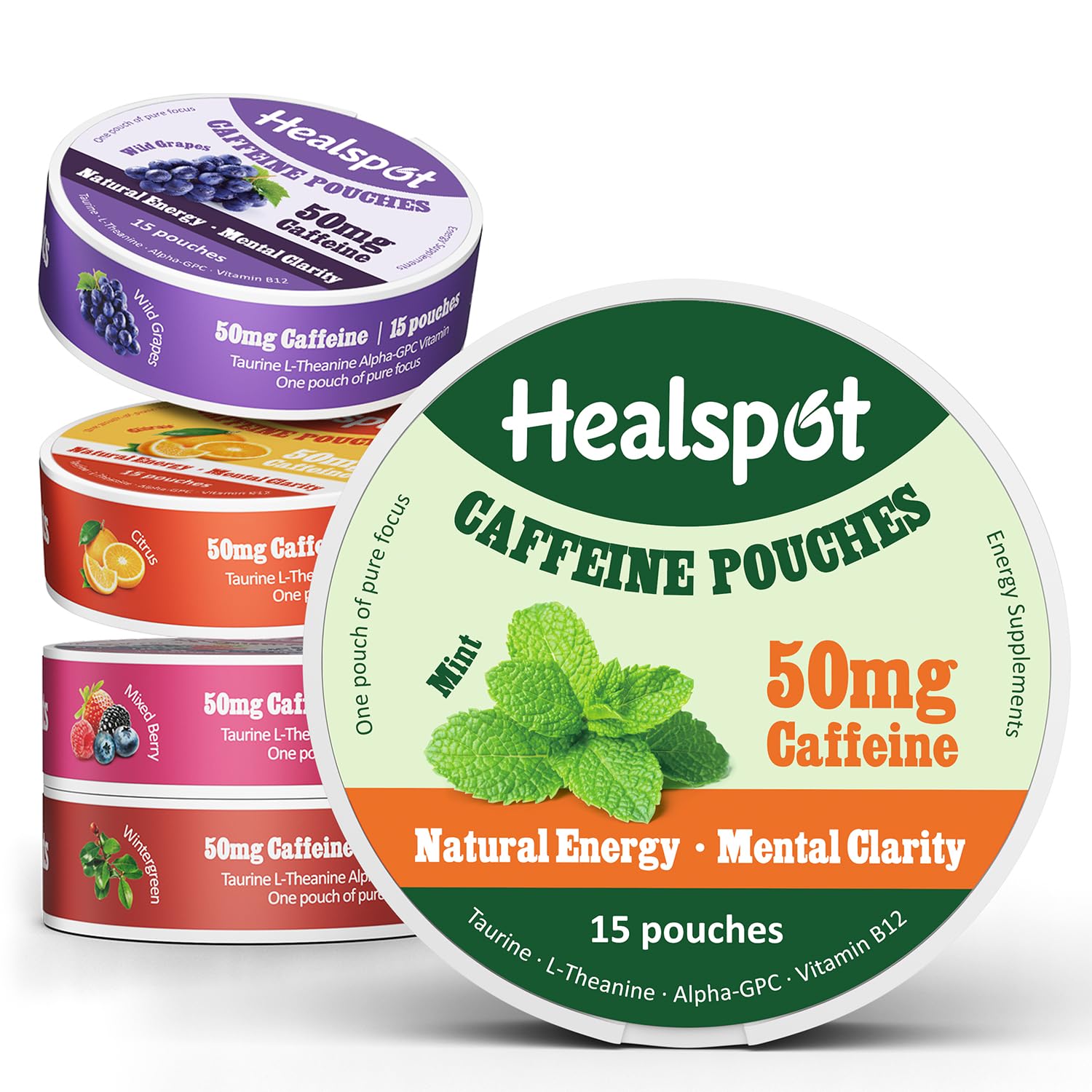 Healspot Nootropic Caffeine Pouches, Energy Pouches with 50mg Caffeine | Taurine | Vitamin B12 | Alpha-GPC | L-Theanine, Focus and Energy Supplements Variety Packs 5 Flavors Healspot uk supplements