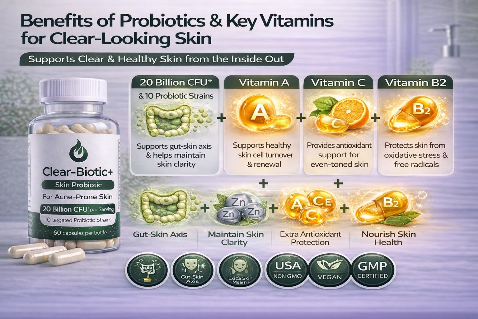 Acne Pills Probiotic Acne Supplements for Teens & Adults - Hormonal Acne Vitamins, Gut Health for Clear Skin, Non-GMO (60 Capsules) Gut Skin Axis Clear-Biotic uk supplements