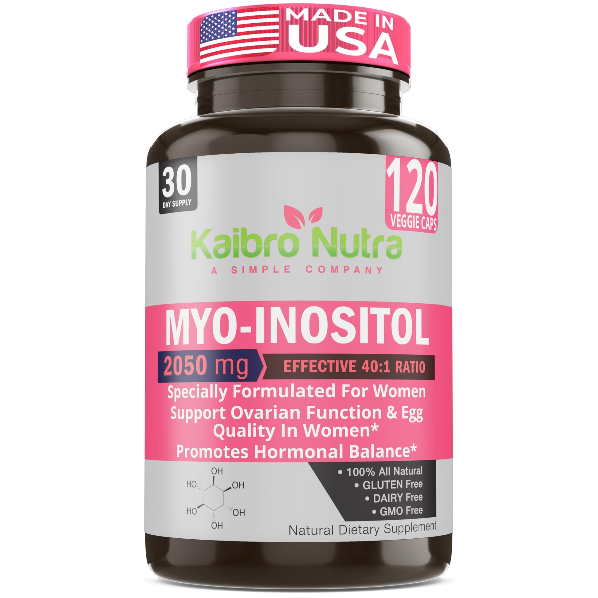 Kaibro Nutra Myo-Inositol Supplement, Myo-Inositol & D-Chiro Inositol 40:1 Ratio, Hormone Balance & Ovarian Support for Women with Vitamin B8, 2050mg, Vegan, Non-GMO Capsules 120 Count Kaibro Nutra uk supplements