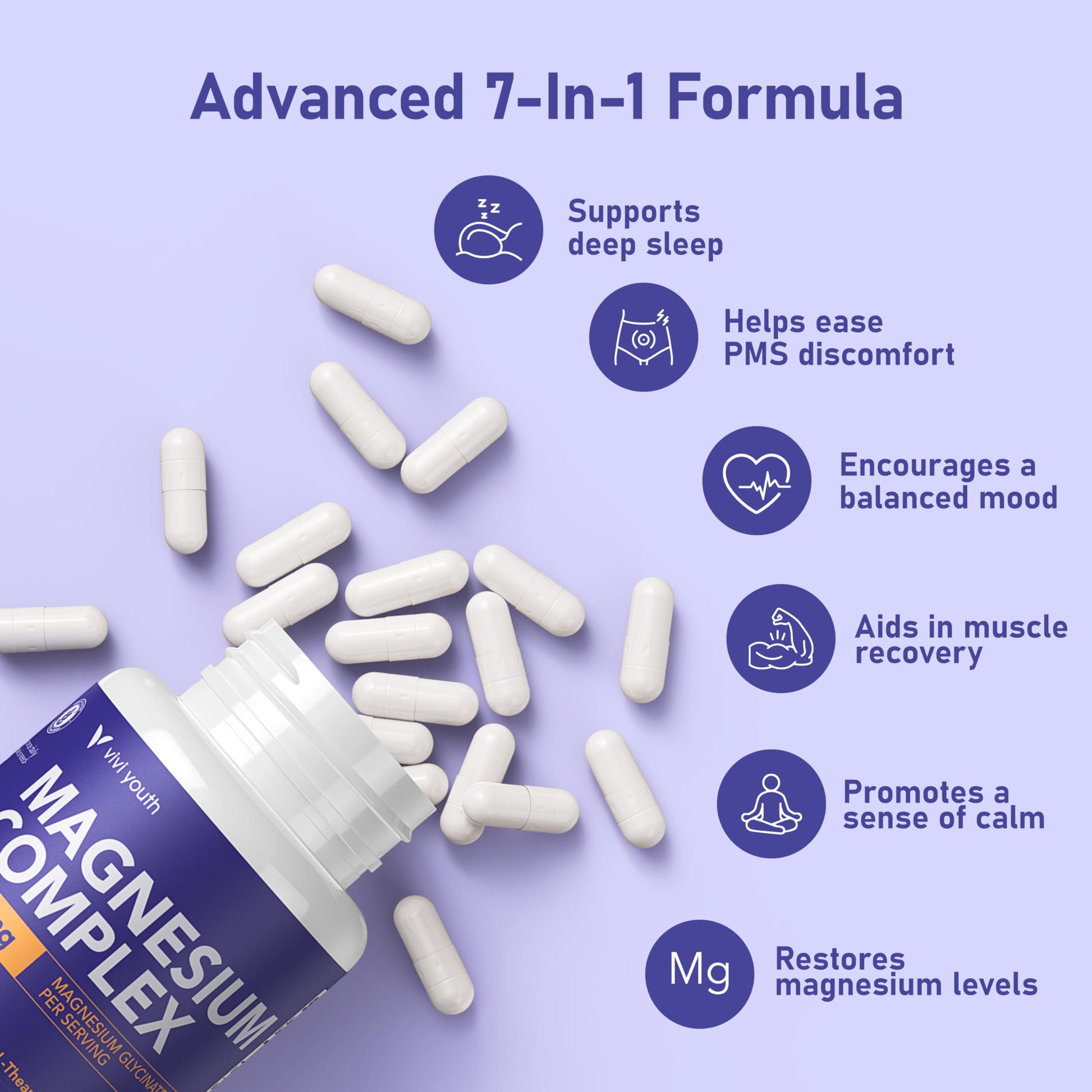 Magnesium 7 Complex for Women 1600mg, Magnesium Glycinate 600mg 7 High Absorption Magnesium Supplement with Citrate, Malate, Chelate, Taurate, Gluconate, Aspartate & Ascorbate for Sleep, 60 Capsules VIVI Youth uk supplements