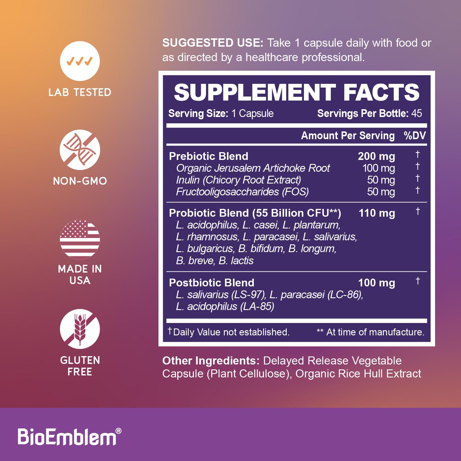 BioEmblem Probiotics for Women & Men – 55 Billion CFU | 11 Strains with Prebiotics & Postbiotics | Jerusalem Artichoke & Inulin | Digestive & Immune Support, Nutrient Absorption | Non-GMO,45 Capsules BioEmblem uk supplements