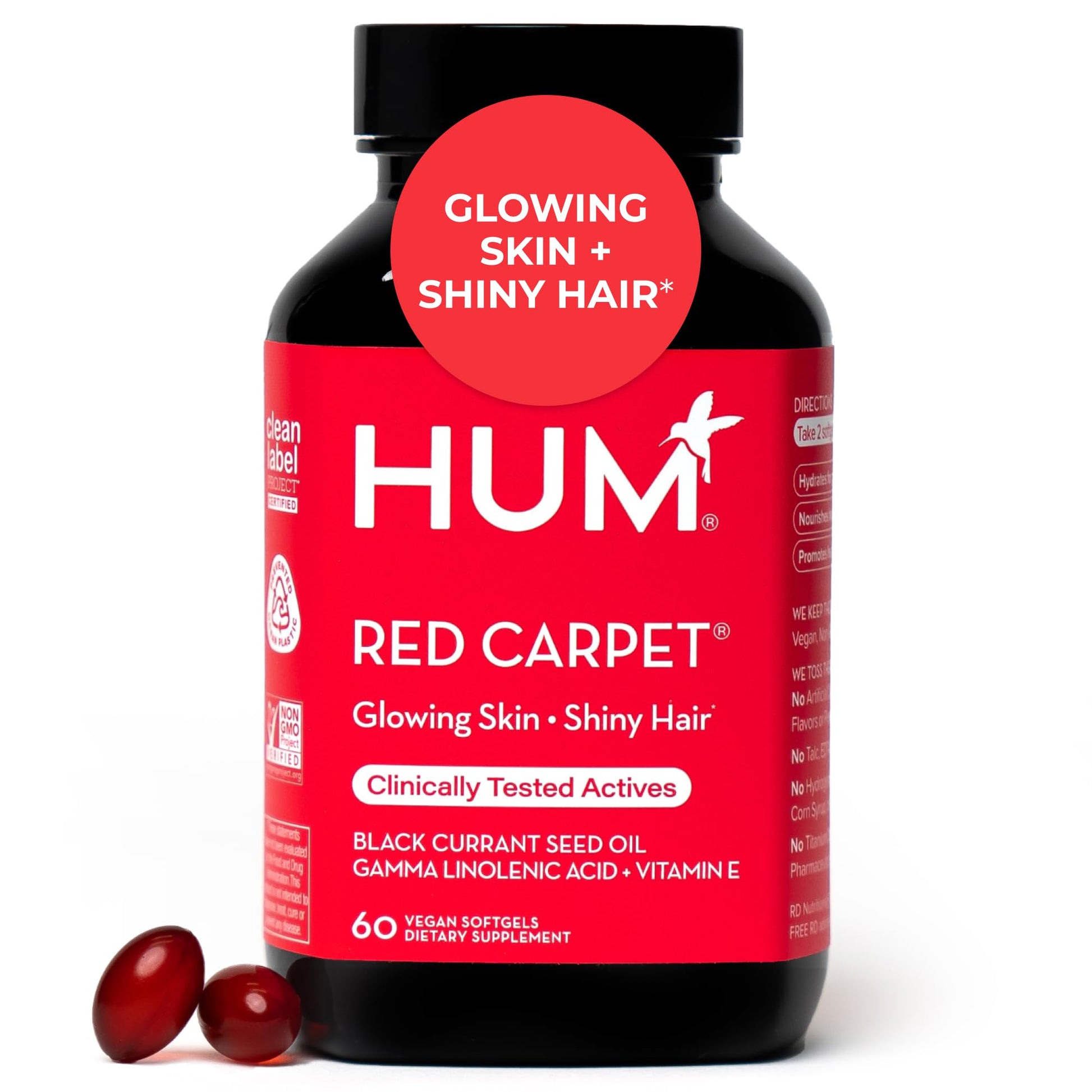 HUM Red Carpet Skin & Hair Vitamins for Women with Omega 3 Fatty Acids, Vitamin E, and Black Currant Seed Oil, Supplement for Skin Health & Healthy Hair Follicles Support, 60 Count HUM uk supplements