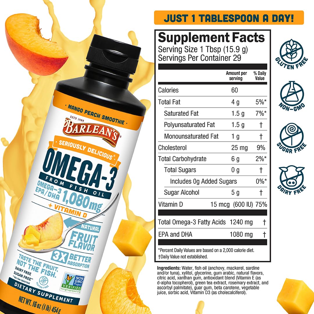 Barlean's Omega 3 Fish Oil Liquid Supplement with Vitamin D for Men and Women, 1080mg of EPA and DHA Fatty Acid, Promotes Brain & Heart Health - Non-GMO, Mango Peach, 16 oz Barlean's uk supplements