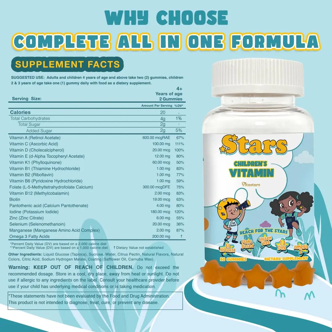 Stars Kids Multivitamin Gummies with Omega 3, Vitamins for Kids with A, B, C, D, Plant Based Multi Vitamins for Children, Manganese Vitastars uk supplements