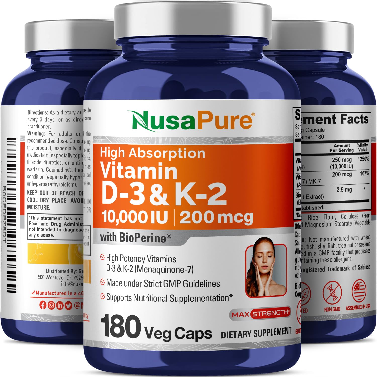NusaPure Vitamin K2 (MK7) (200mcg) + Vitamin D3 (10000 IU) 180 Veg Caps - Bioperine, Soyfree, Non-GMO NusaPure uk supplements