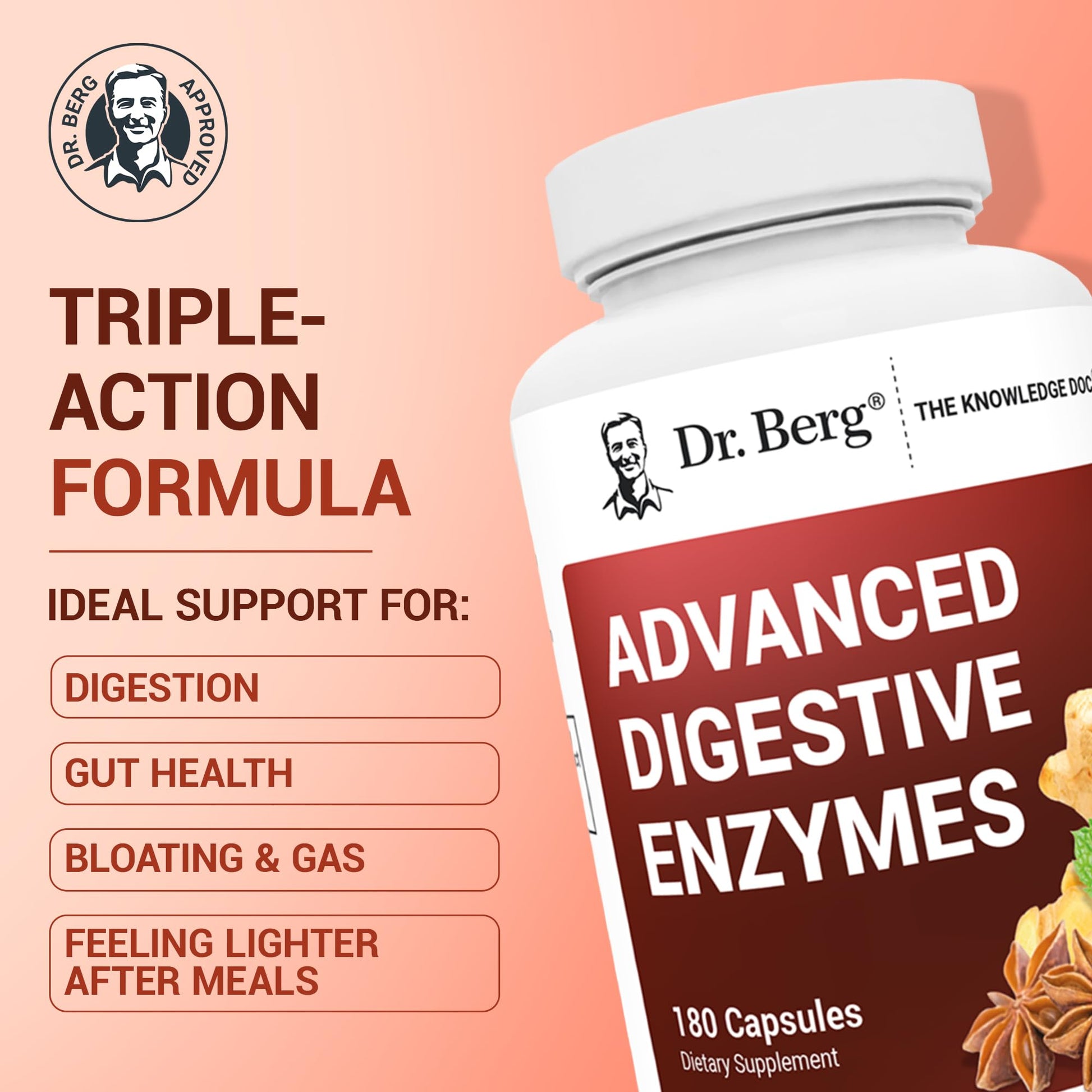 Dr. Berg Advanced Digestive Enzymes with Apple Cider Vinegar - Includes Digestive Health Ingredients Like Betaine Hydrochloride (HCI), Ginger Root & Peppermint Leaf - 180 Capsules Dr. Berg Nutritionals uk supplements