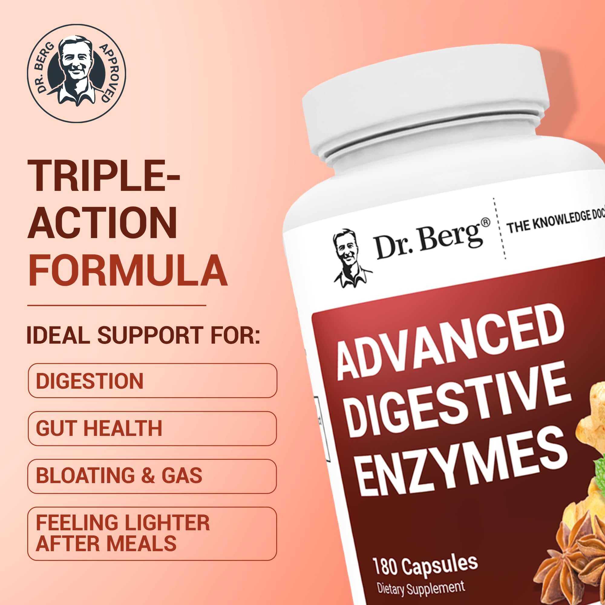 Dr. Berg Advanced Digestive Enzymes with Apple Cider Vinegar - Includes Digestive Health Ingredients Like Betaine Hydrochloride (HCI), Ginger Root & Peppermint Leaf - 180 Capsules Dr. Berg Nutritionals uk supplements