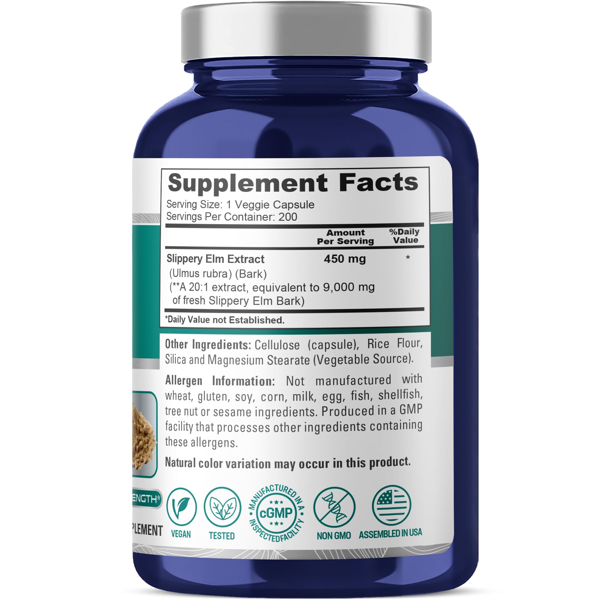 NusaPure Slippery Elm Bark 20:1 Extract, 450 mg Equivalent to 9,000mg 200 Veggie Capsules (Non-GMO, Vegan) NusaPure uk supplements